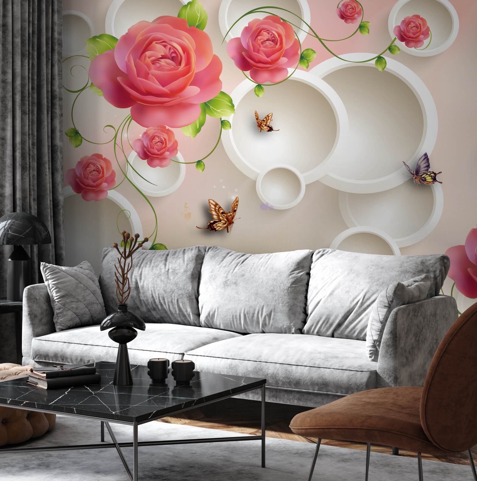 Fototapeta szkarłatne kwiaty róży i białe kółka