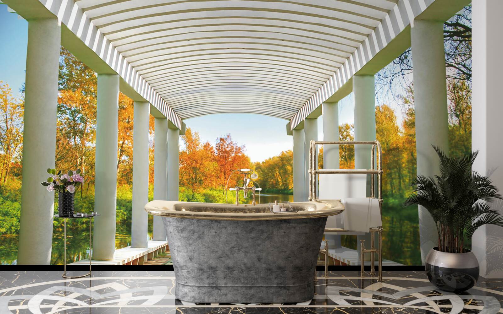 Fototapeta zbiornik wodny, po którym pływają śnieżnobiałe łabędzie