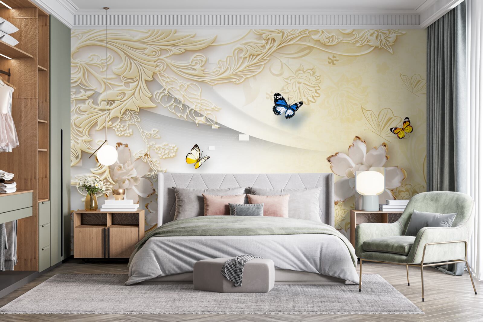 Fototapeta motyle latają nad gałęziami z rozwiniętymi kwiatami