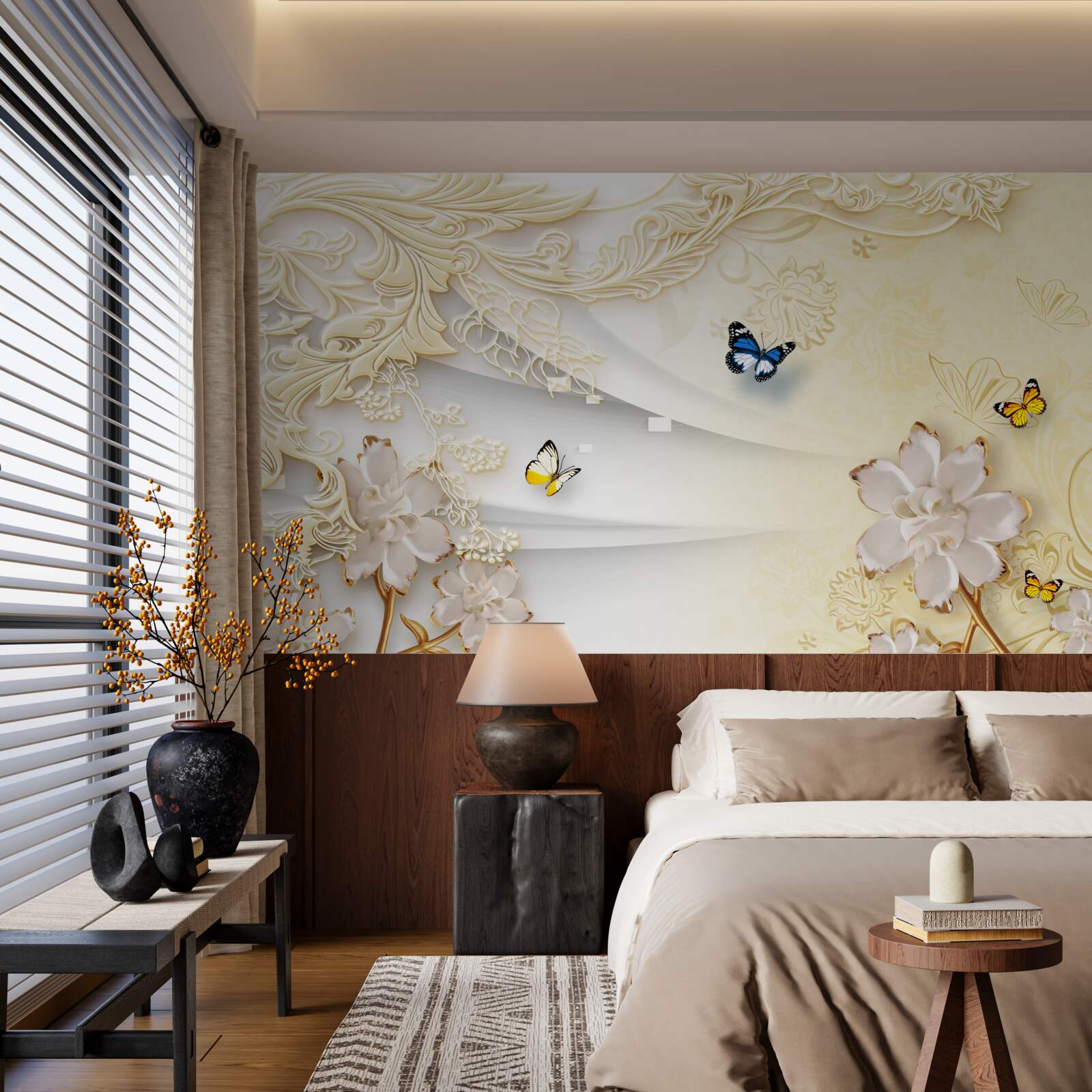 Fototapeta motyle latają nad gałęziami z rozwiniętymi kwiatami