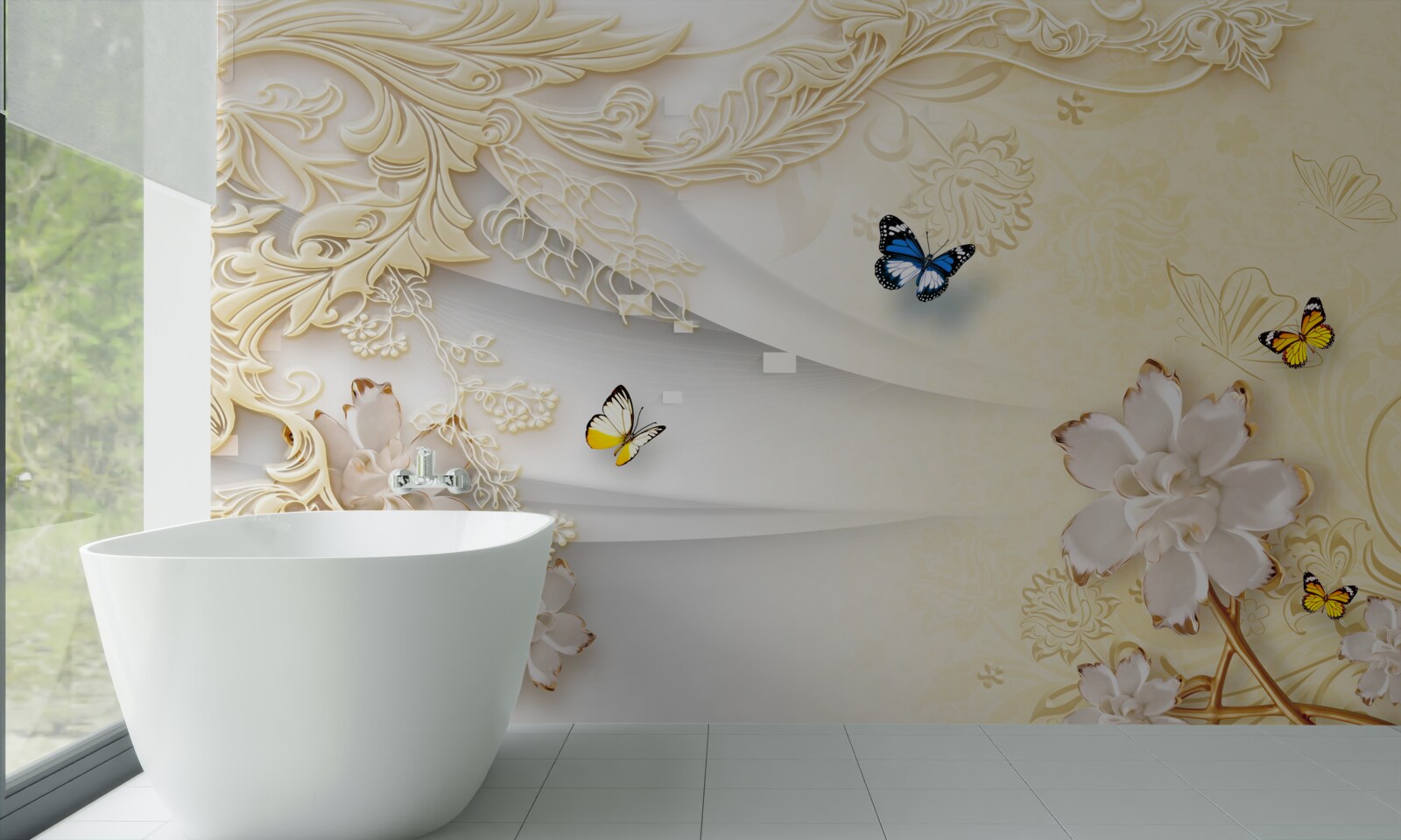 Fototapeta motyle latają nad gałęziami z rozwiniętymi kwiatami