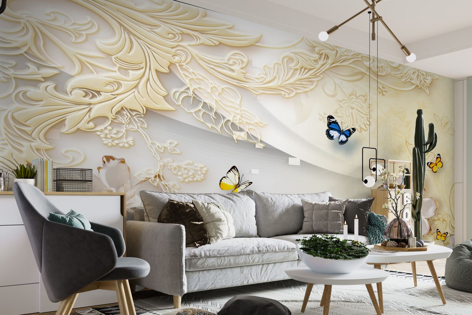 Fototapeta motyle latają nad gałęziami z rozwiniętymi kwiatami