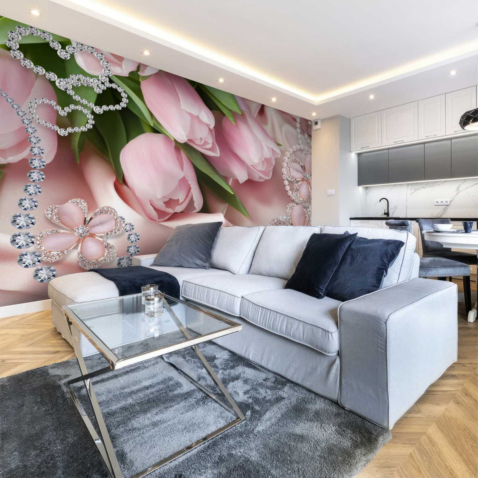 Fototapeta tulipany w kolorze różowym, ozdobione koralikami na jedwabnym tle