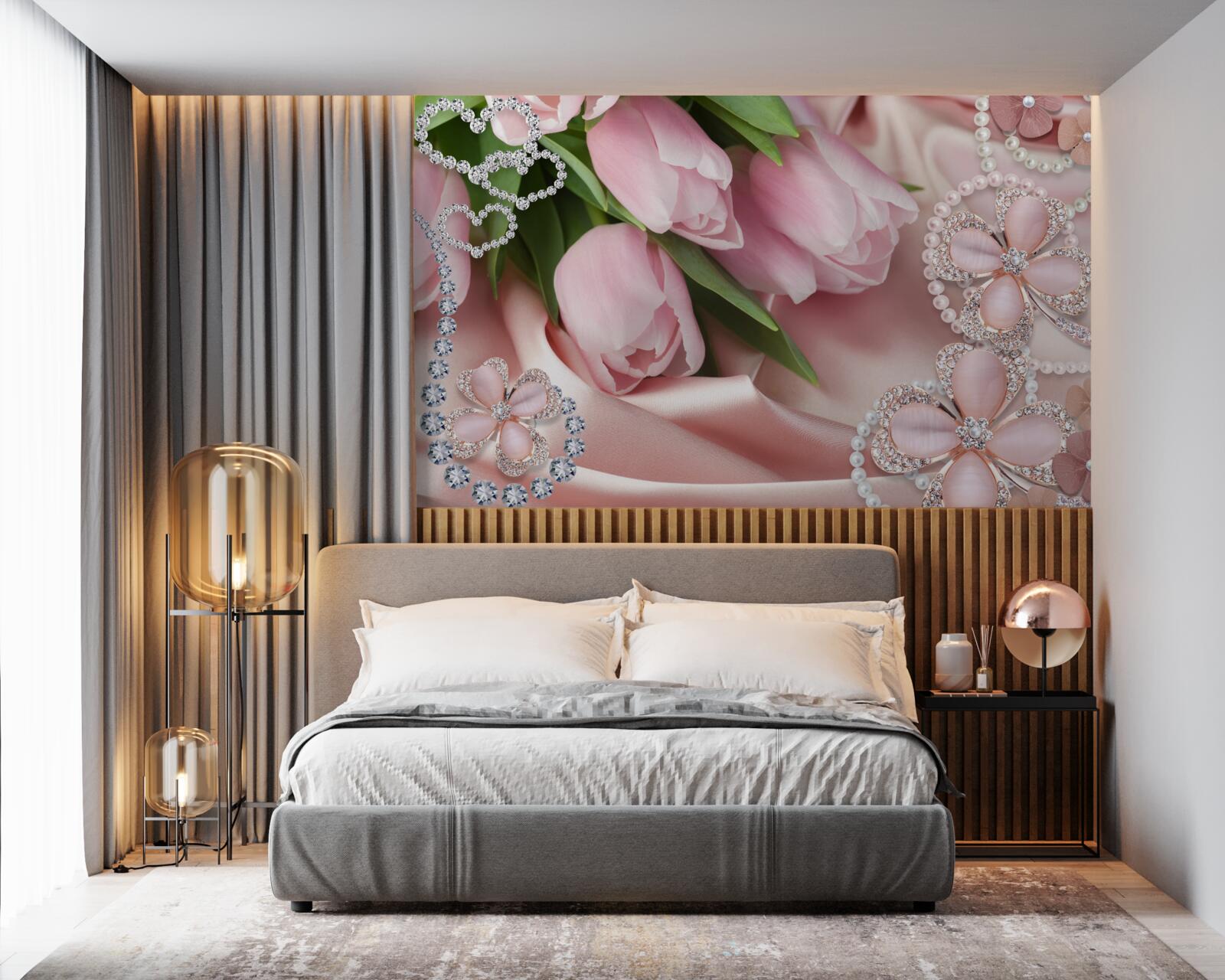 Fototapeta tulipany w kolorze różowym, ozdobione koralikami na jedwabnym tle