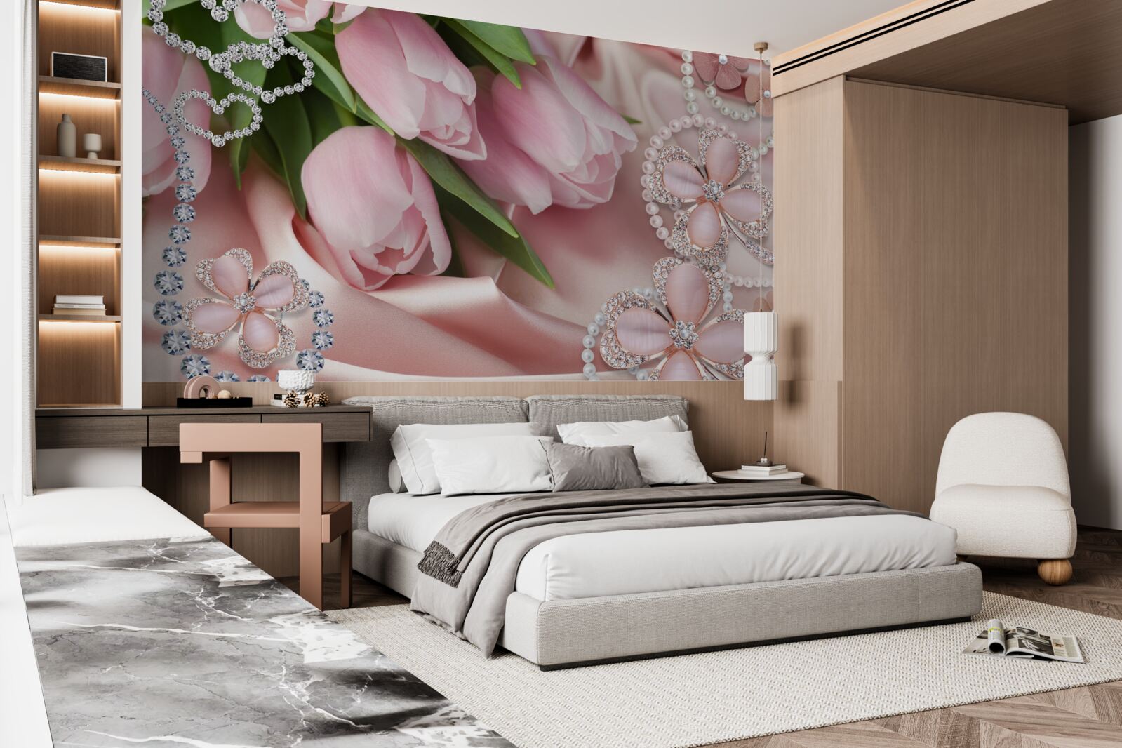 Fototapeta tulipany w kolorze różowym, ozdobione koralikami na jedwabnym tle