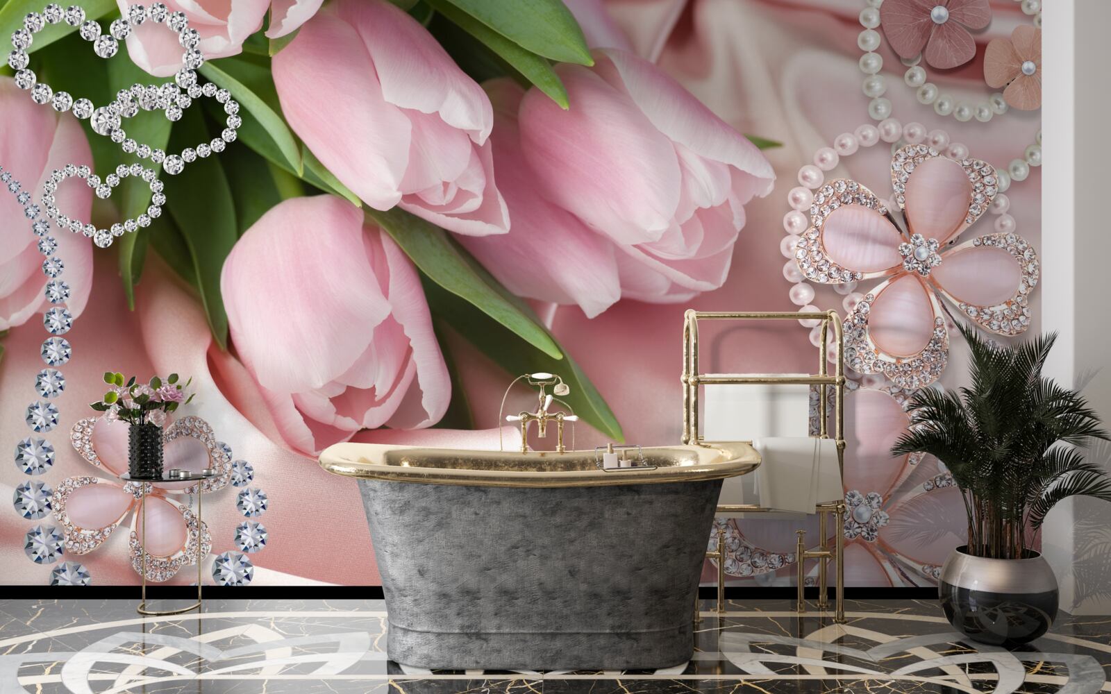 Fototapeta tulipany w kolorze różowym, ozdobione koralikami na jedwabnym tle