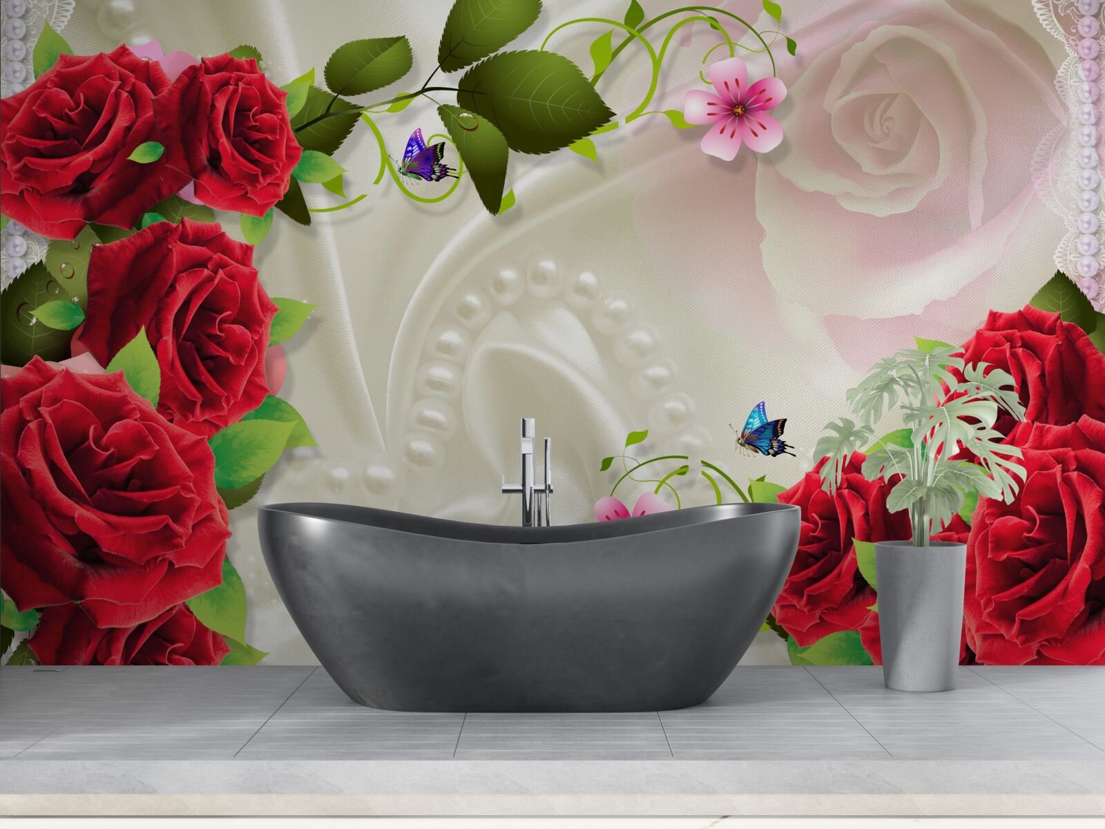 Fototapeta zespół kamieni i czerwonych róż