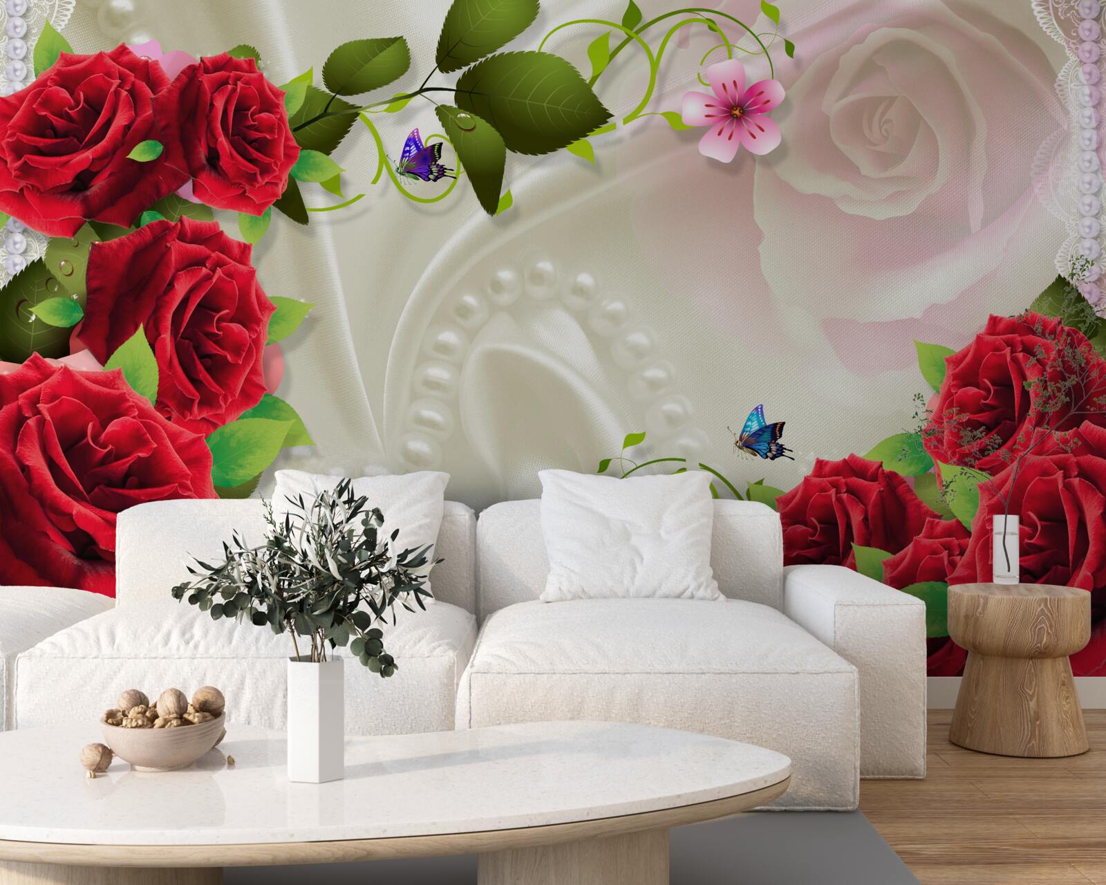 Fototapeta zespół kamieni i czerwonych róż