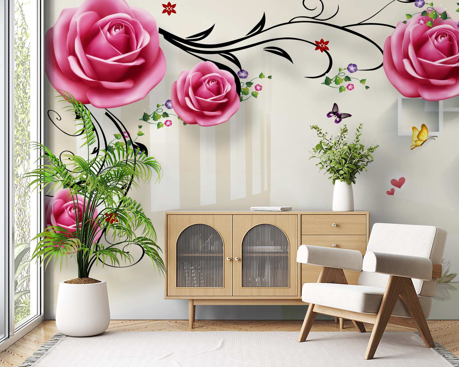 Fototapeta na gałęziach kwitnie różowa róża i pływają białe łabędzie