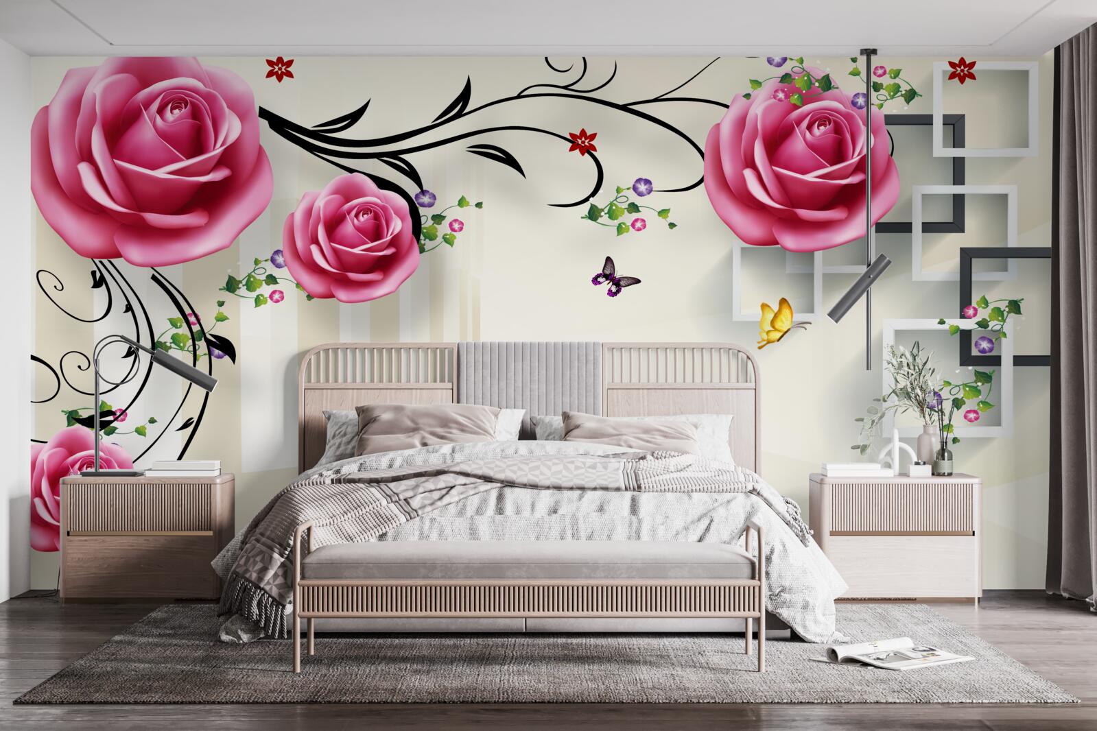 Fototapeta na gałęziach kwitnie różowa róża i pływają białe łabędzie