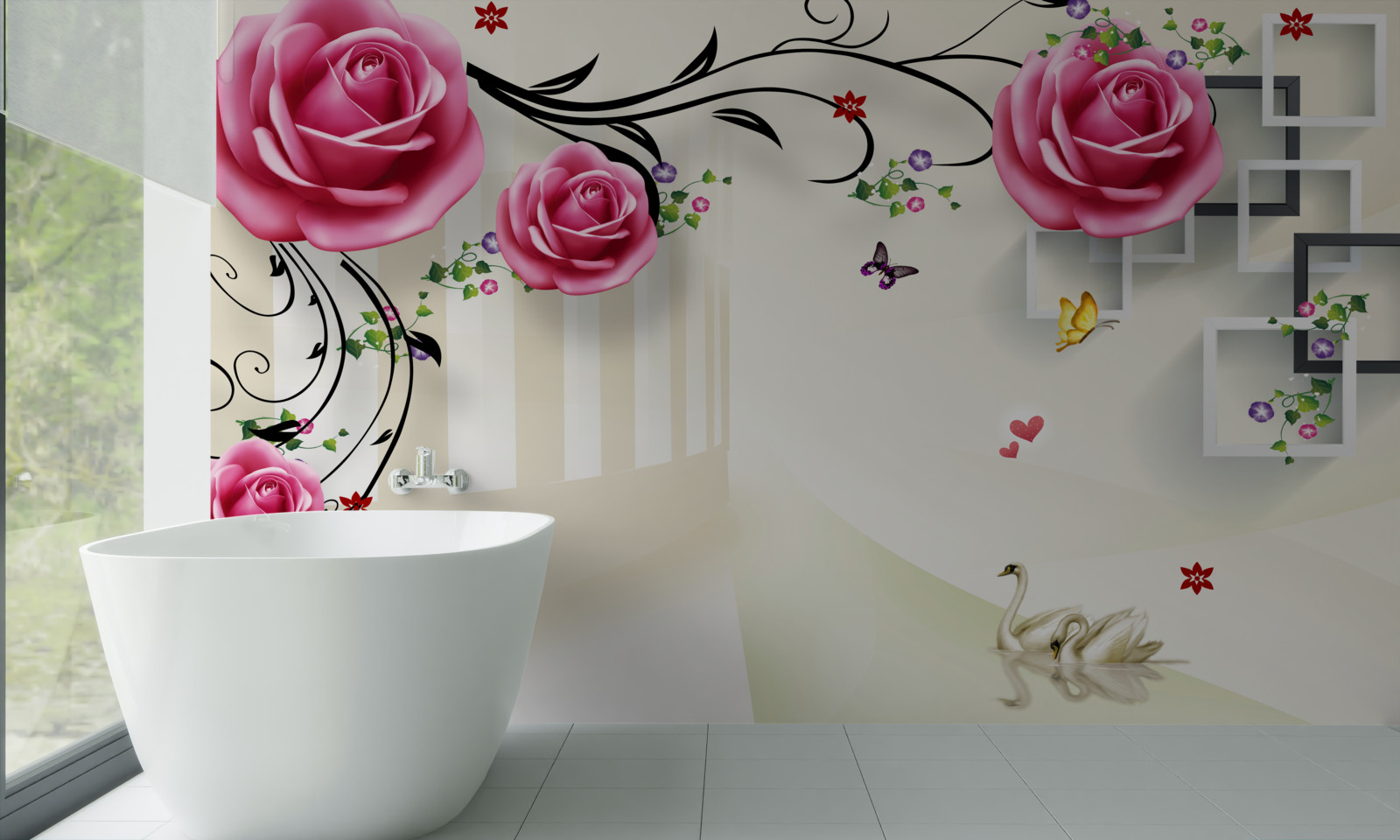 Fototapeta na gałęziach kwitnie różowa róża i pływają białe łabędzie