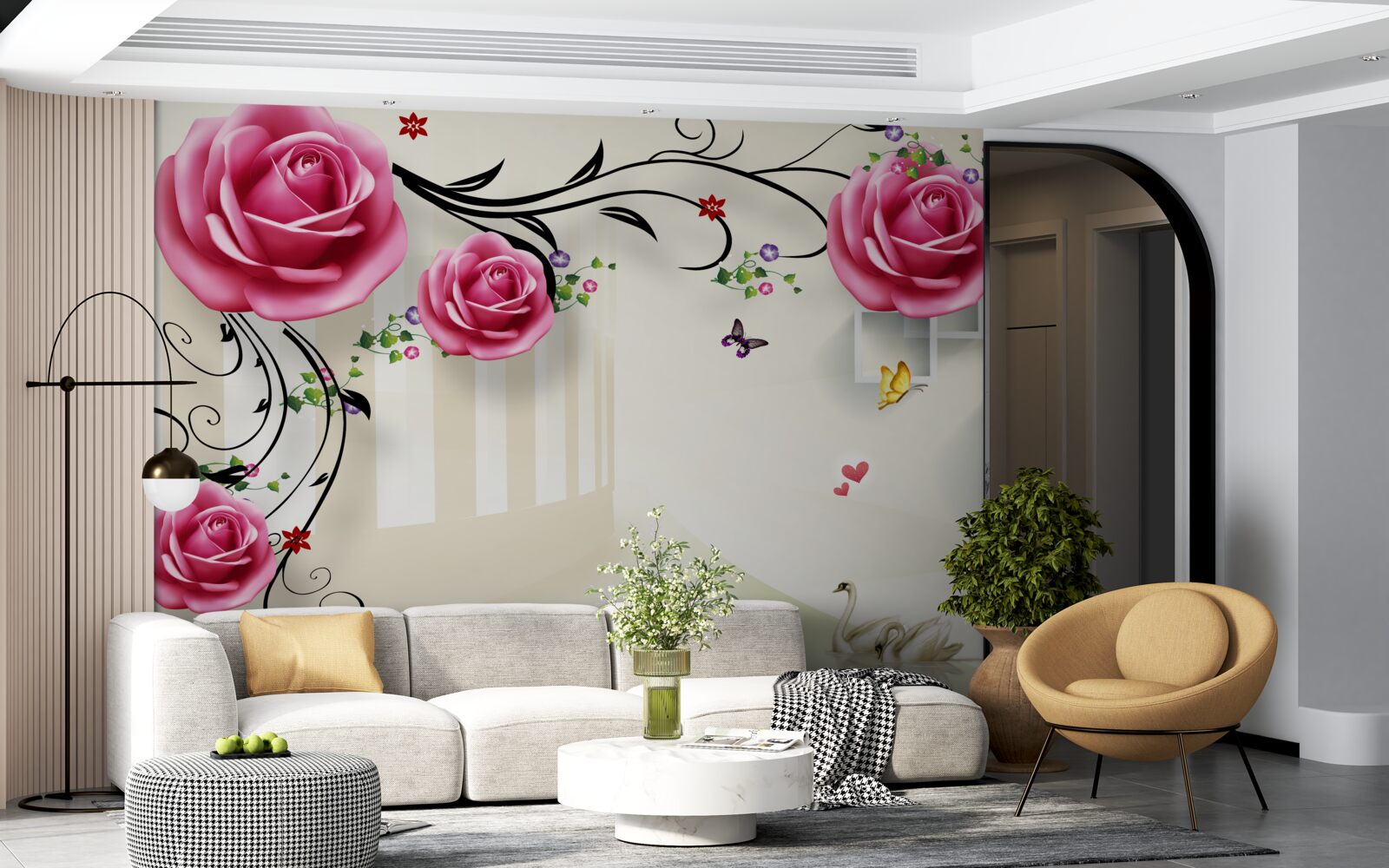 Fototapeta na gałęziach kwitnie różowa róża i pływają białe łabędzie