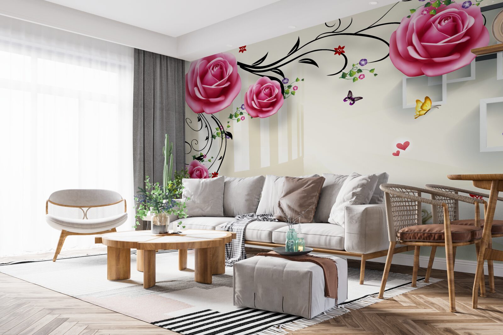 Fototapeta na gałęziach kwitnie różowa róża i pływają białe łabędzie