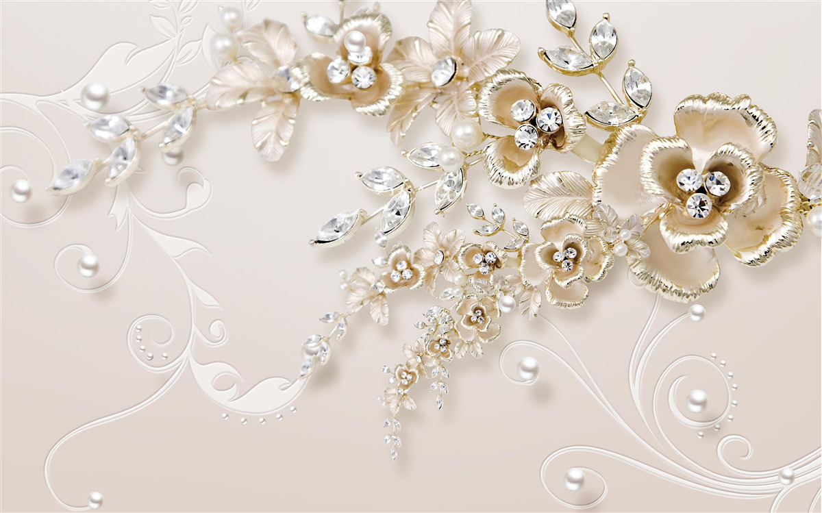 Fototapeta gałęzie kwitnące na złoto, wysadzane kamieniami