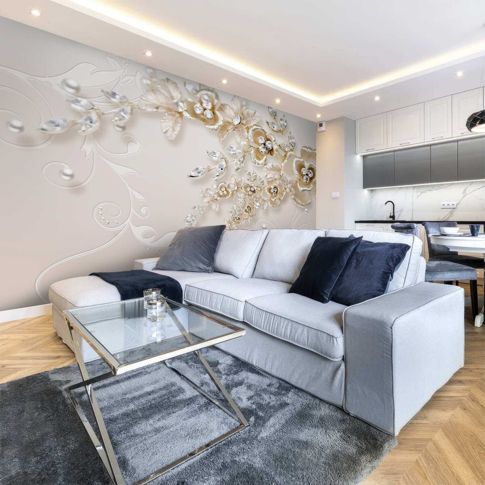 Fototapeta gałęzie kwitnące na złoto, wysadzane kamieniami