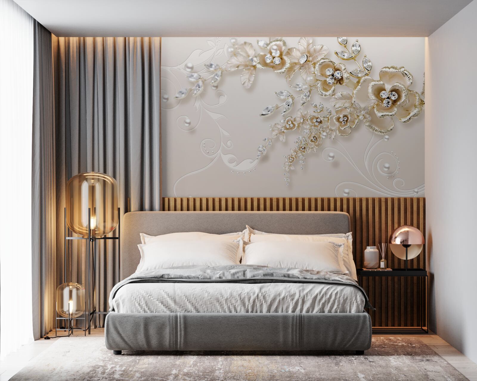 Fototapeta gałęzie kwitnące na złoto, wysadzane kamieniami