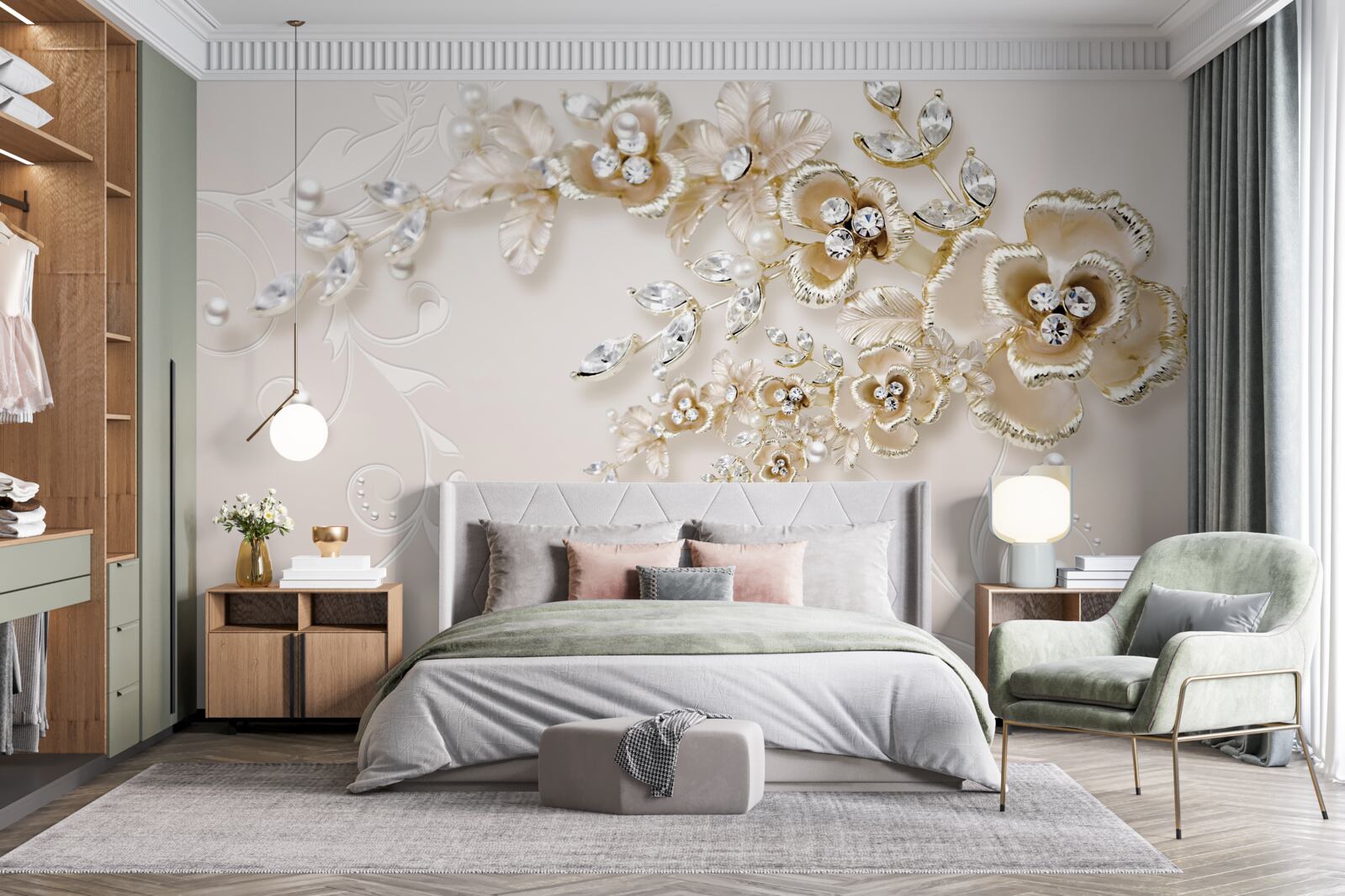 Fototapeta gałęzie kwitnące na złoto, wysadzane kamieniami