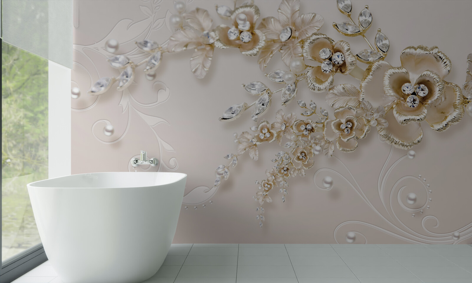 Fototapeta gałęzie kwitnące na złoto, wysadzane kamieniami