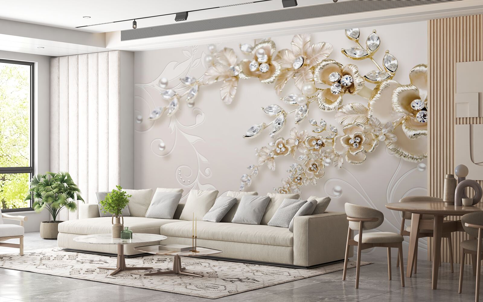 Fototapeta gałęzie kwitnące na złoto, wysadzane kamieniami