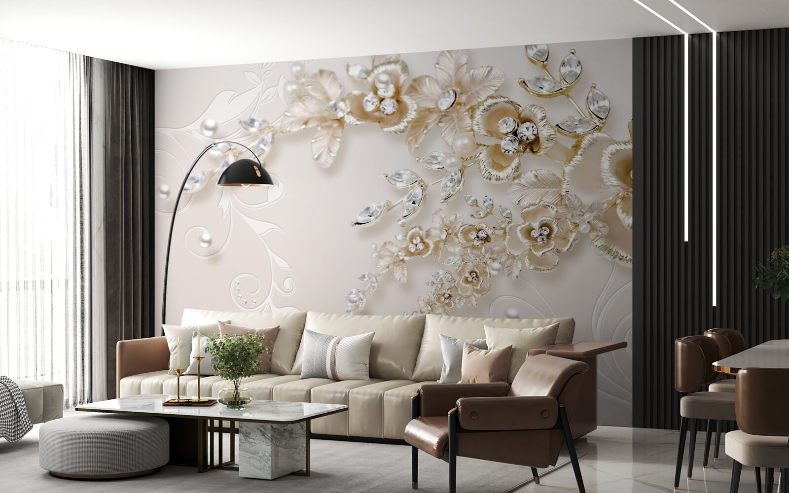 Fototapeta gałęzie kwitnące na złoto, wysadzane kamieniami