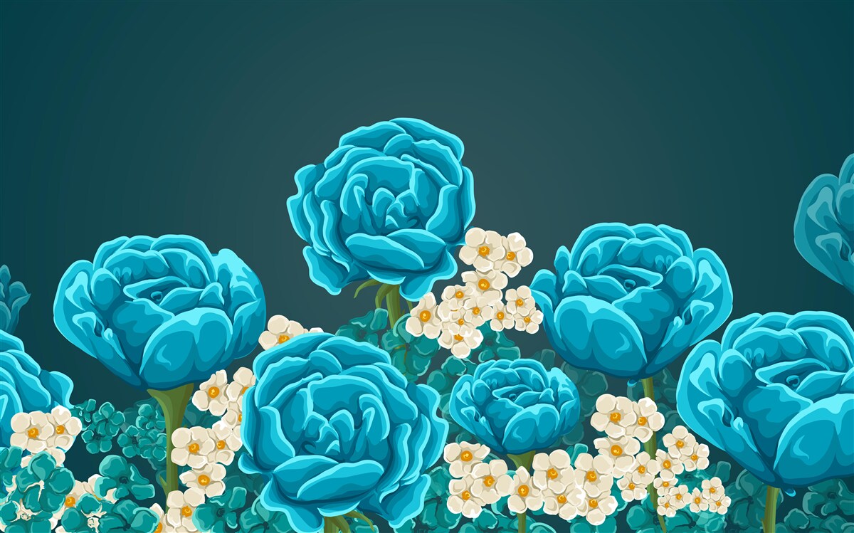 Fototapeta stokrotki są śnieżnobiałe i miniaturowe, a róże są jasnoniebieskie