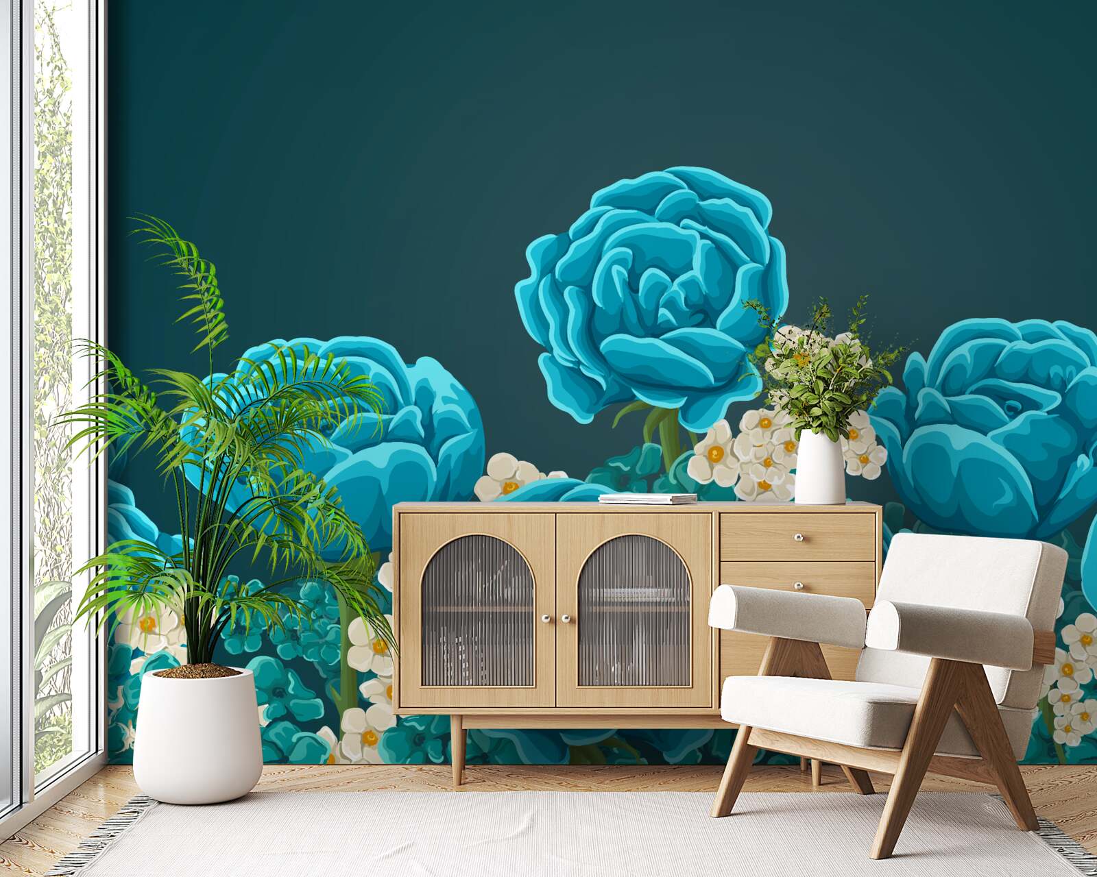 Fototapeta stokrotki są śnieżnobiałe i miniaturowe, a róże są jasnoniebieskie