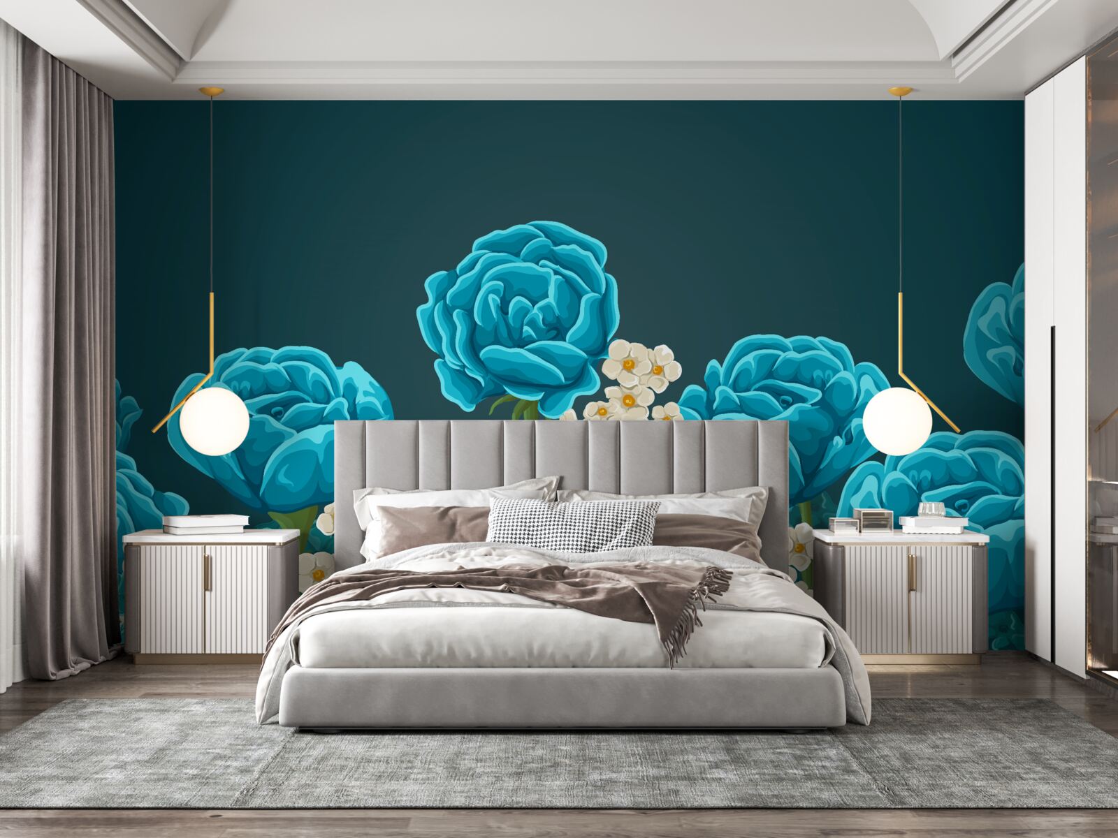 Fototapeta stokrotki są śnieżnobiałe i miniaturowe, a róże są jasnoniebieskie