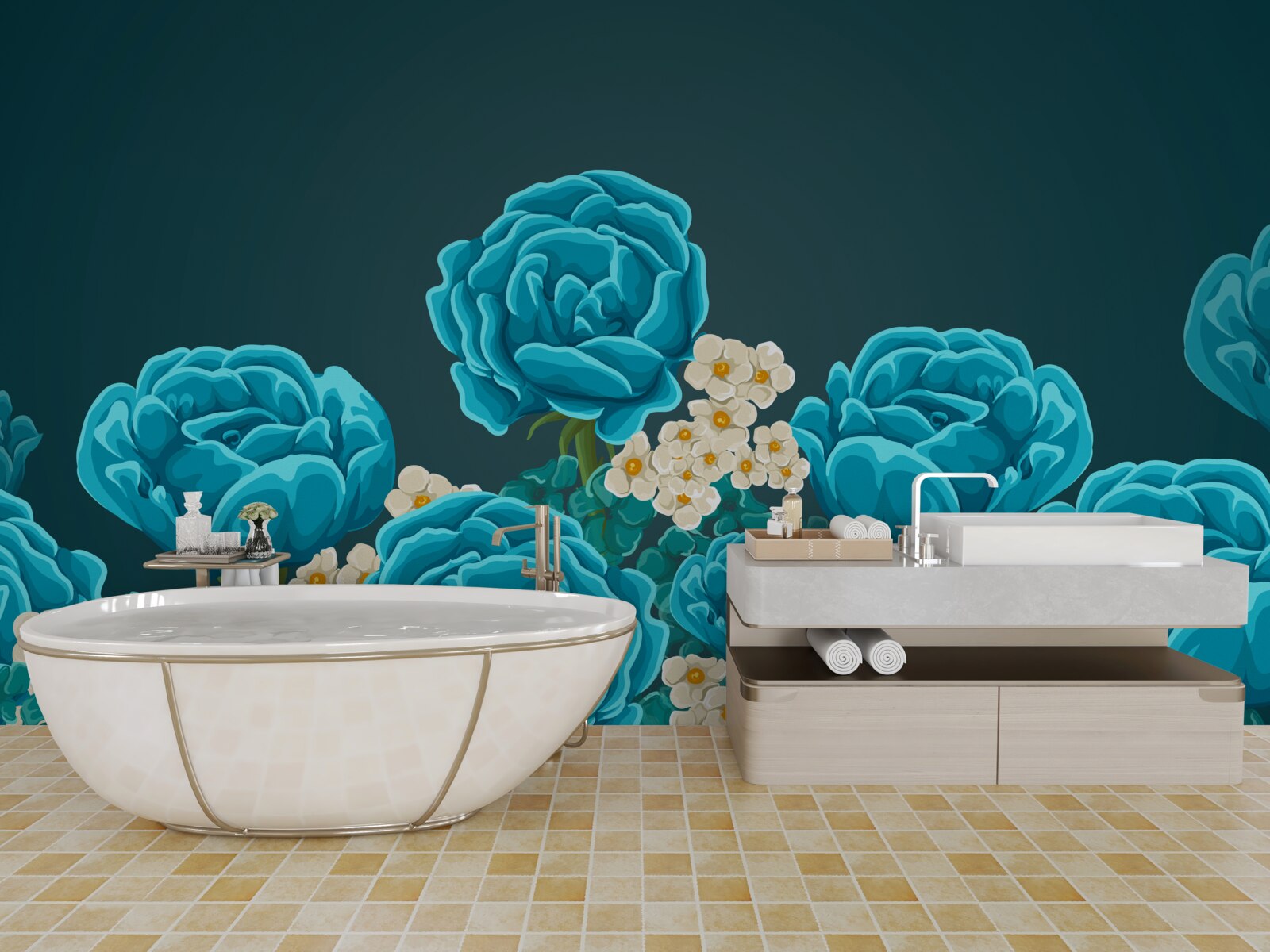 Fototapeta stokrotki są śnieżnobiałe i miniaturowe, a róże są jasnoniebieskie