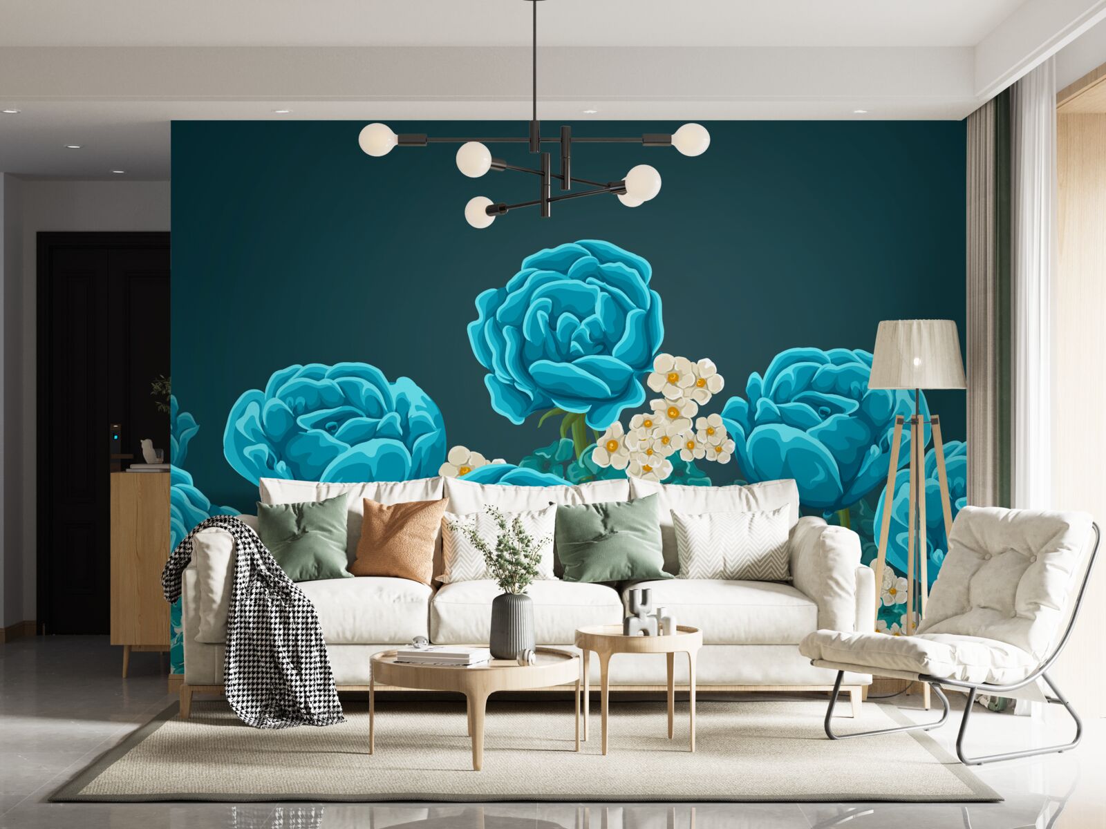 Fototapeta stokrotki są śnieżnobiałe i miniaturowe, a róże są jasnoniebieskie