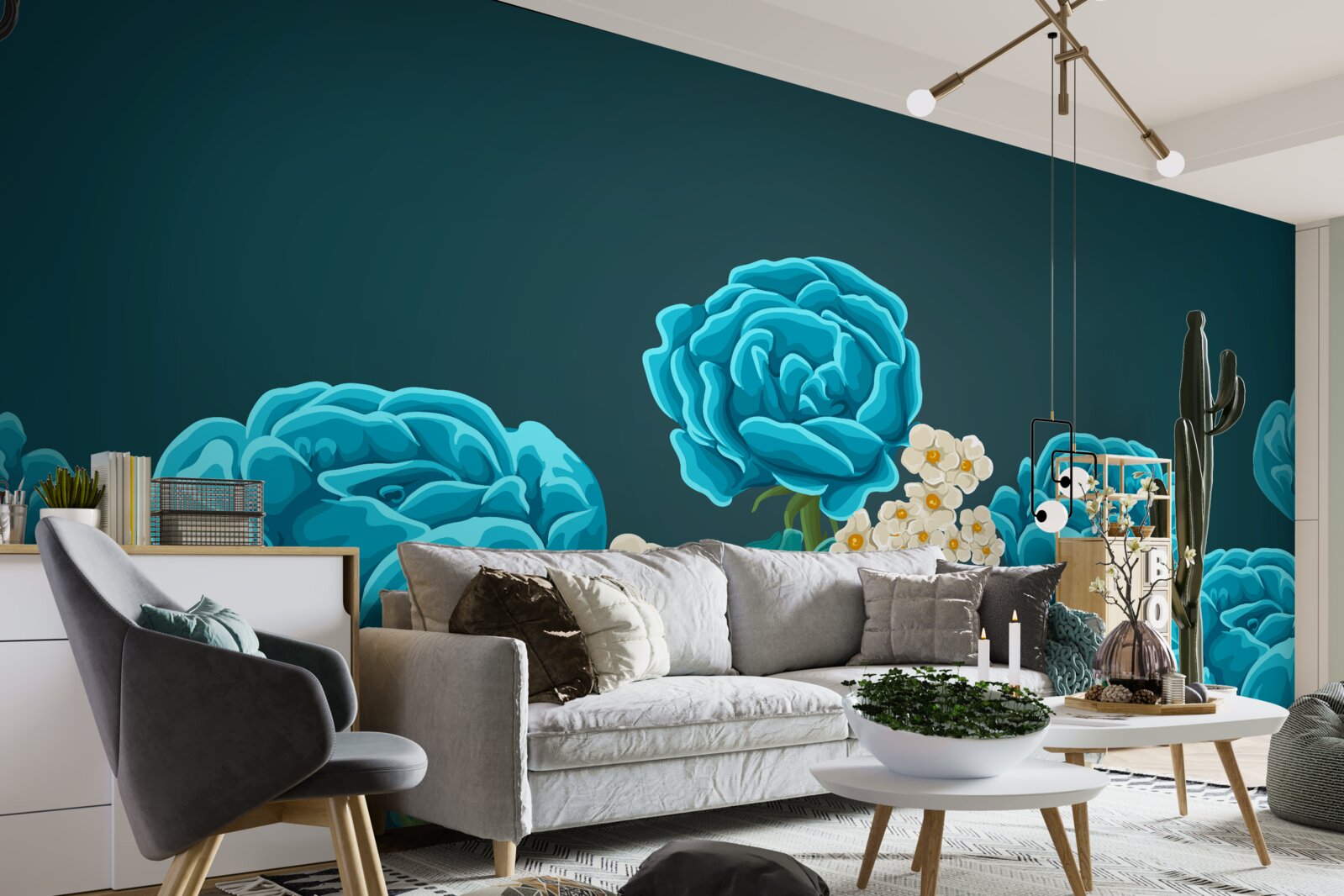 Fototapeta stokrotki są śnieżnobiałe i miniaturowe, a róże są jasnoniebieskie