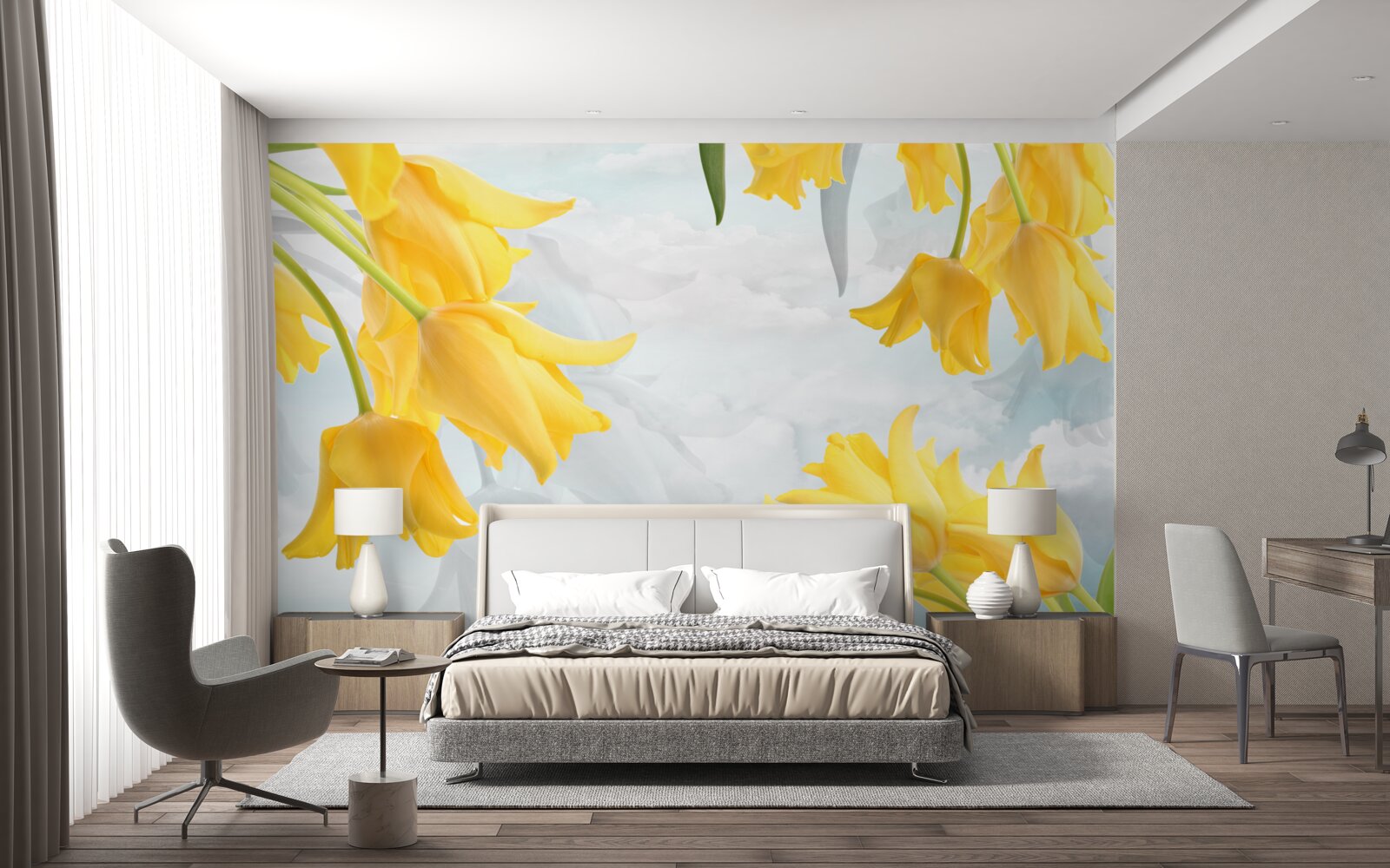 Fototapeta Żółte tulipany na tle błękitnego nieba