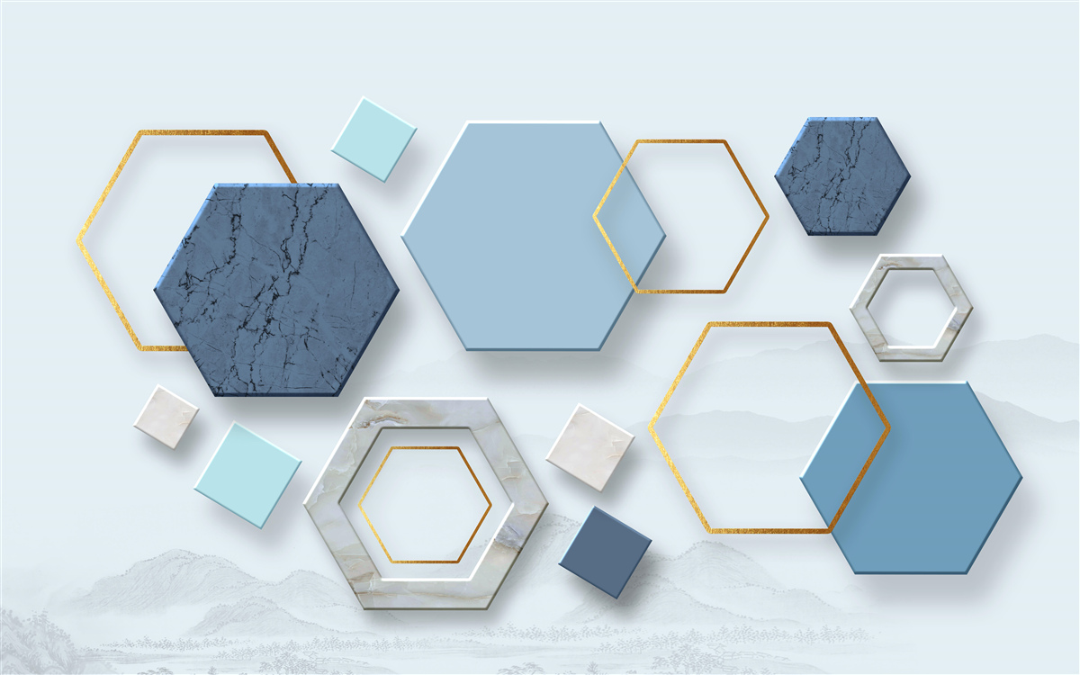 Fototapeta pięciokątne kształty, pomalowane w niebieskich odcieniach