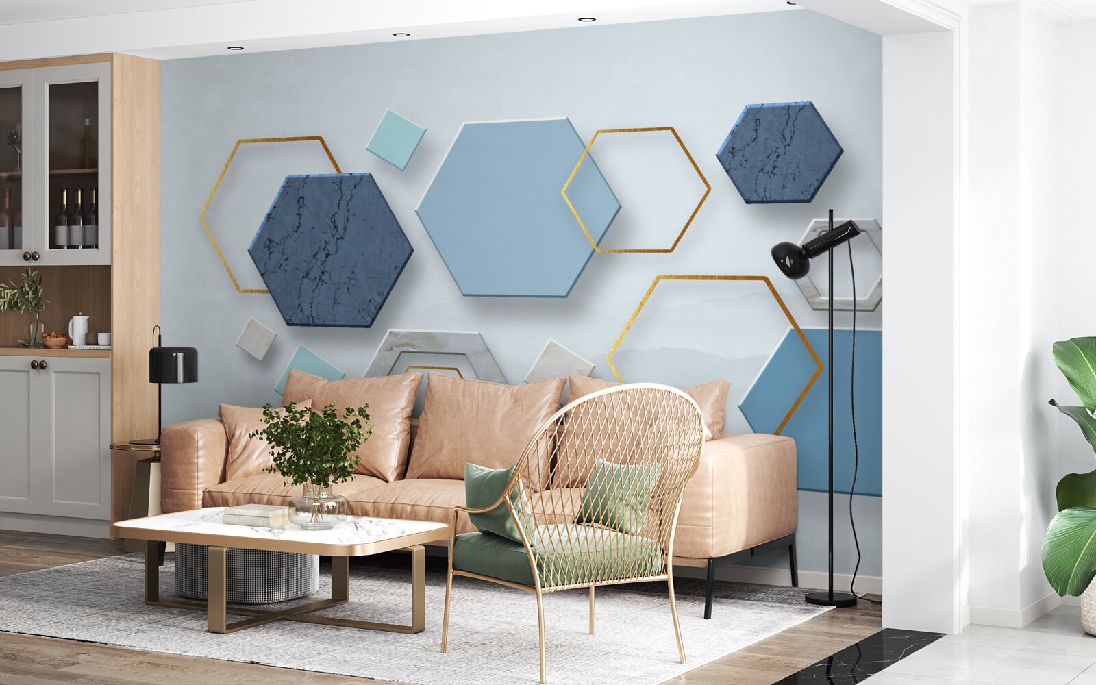 Fototapeta pięciokątne kształty, pomalowane w niebieskich odcieniach