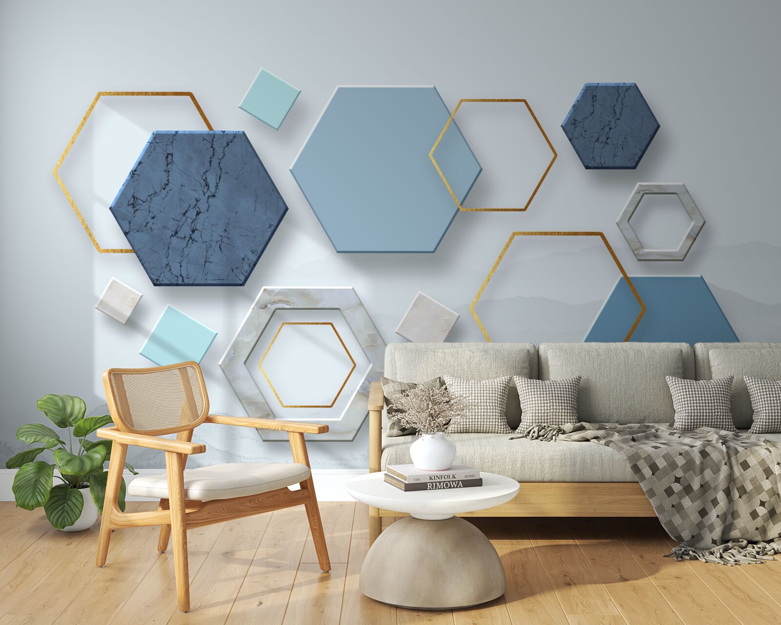 Fototapeta pięciokątne kształty, pomalowane w niebieskich odcieniach