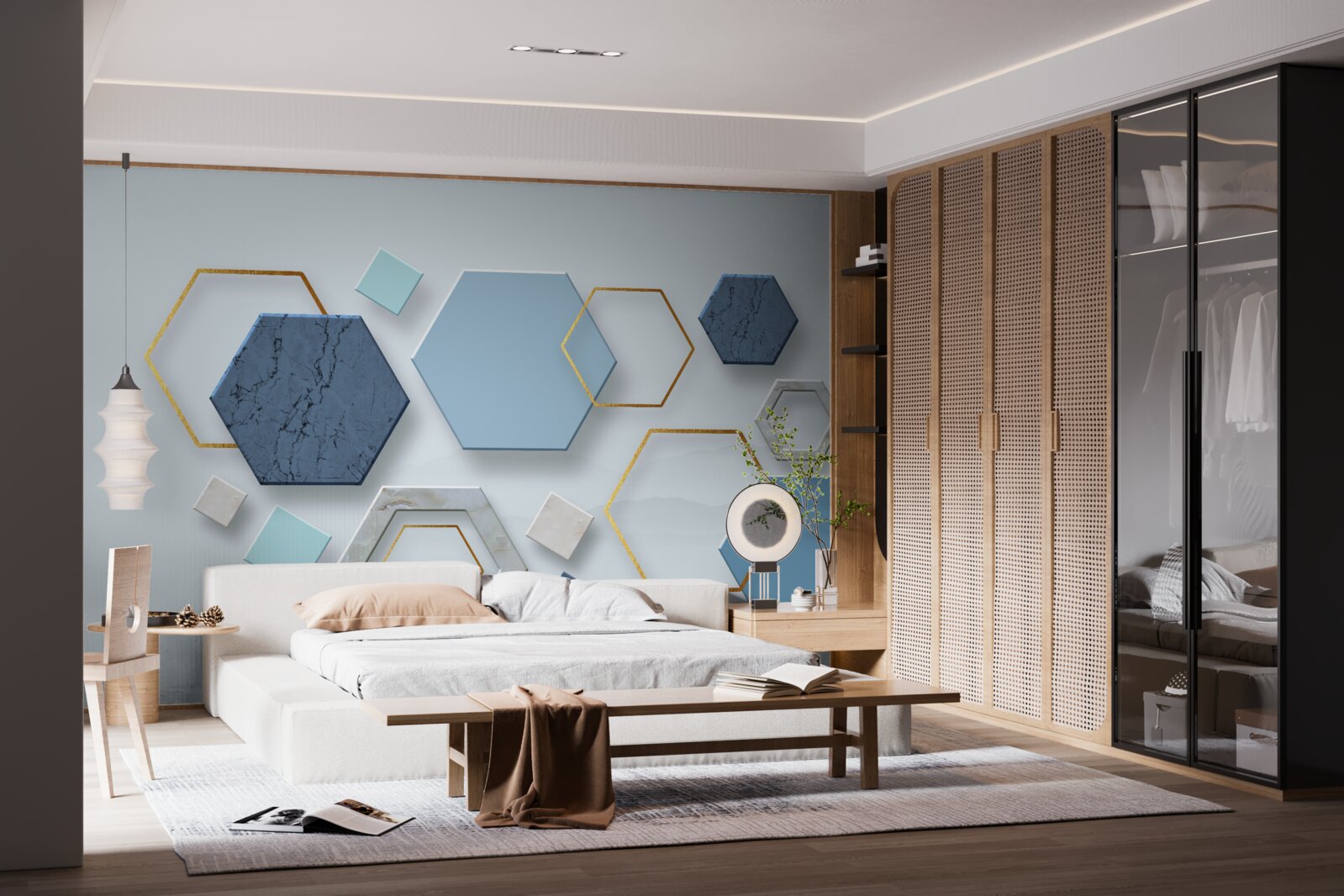 Fototapeta pięciokątne kształty, pomalowane w niebieskich odcieniach