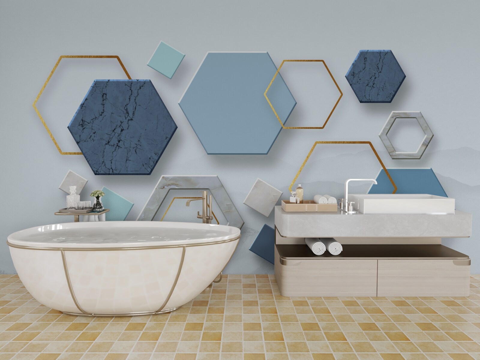 Fototapeta pięciokątne kształty, pomalowane w niebieskich odcieniach