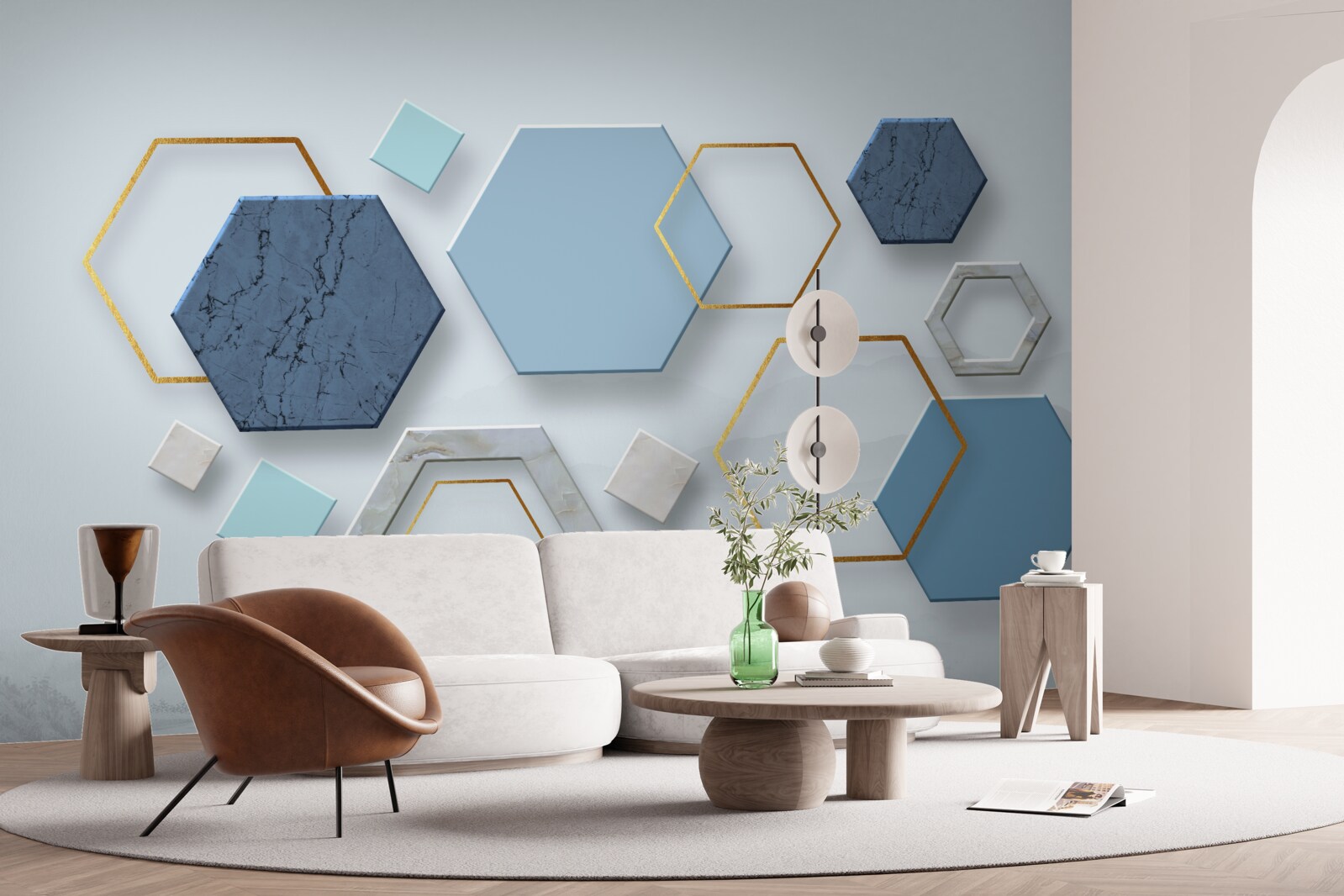 Fototapeta pięciokątne kształty, pomalowane w niebieskich odcieniach