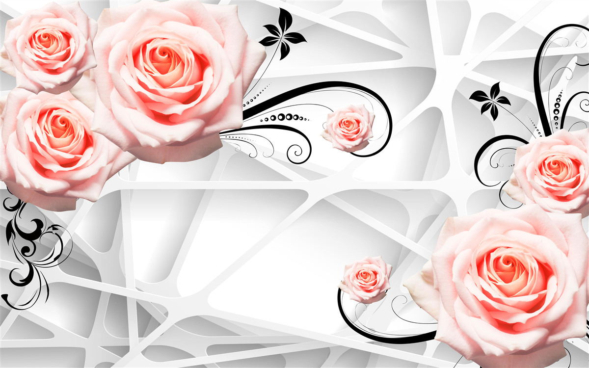 Fototapeta geometryczne tło ozdobione brzoskwiniowymi gałązkami róży