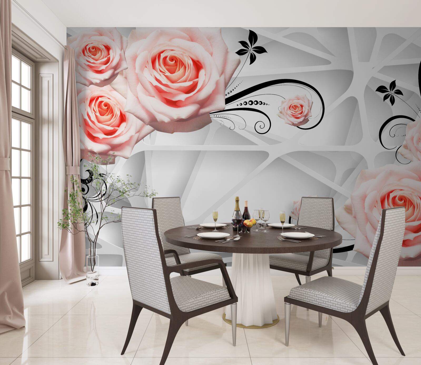 Fototapeta geometryczne tło ozdobione brzoskwiniowymi gałązkami róży