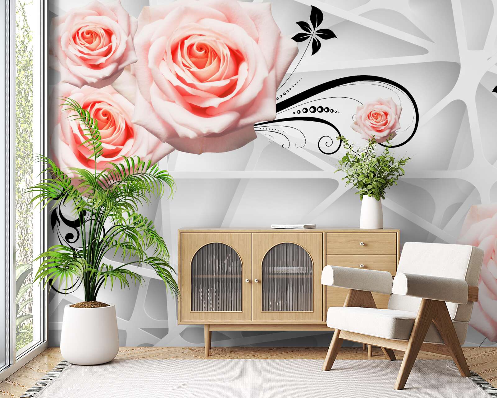 Fototapeta geometryczne tło ozdobione brzoskwiniowymi gałązkami róży