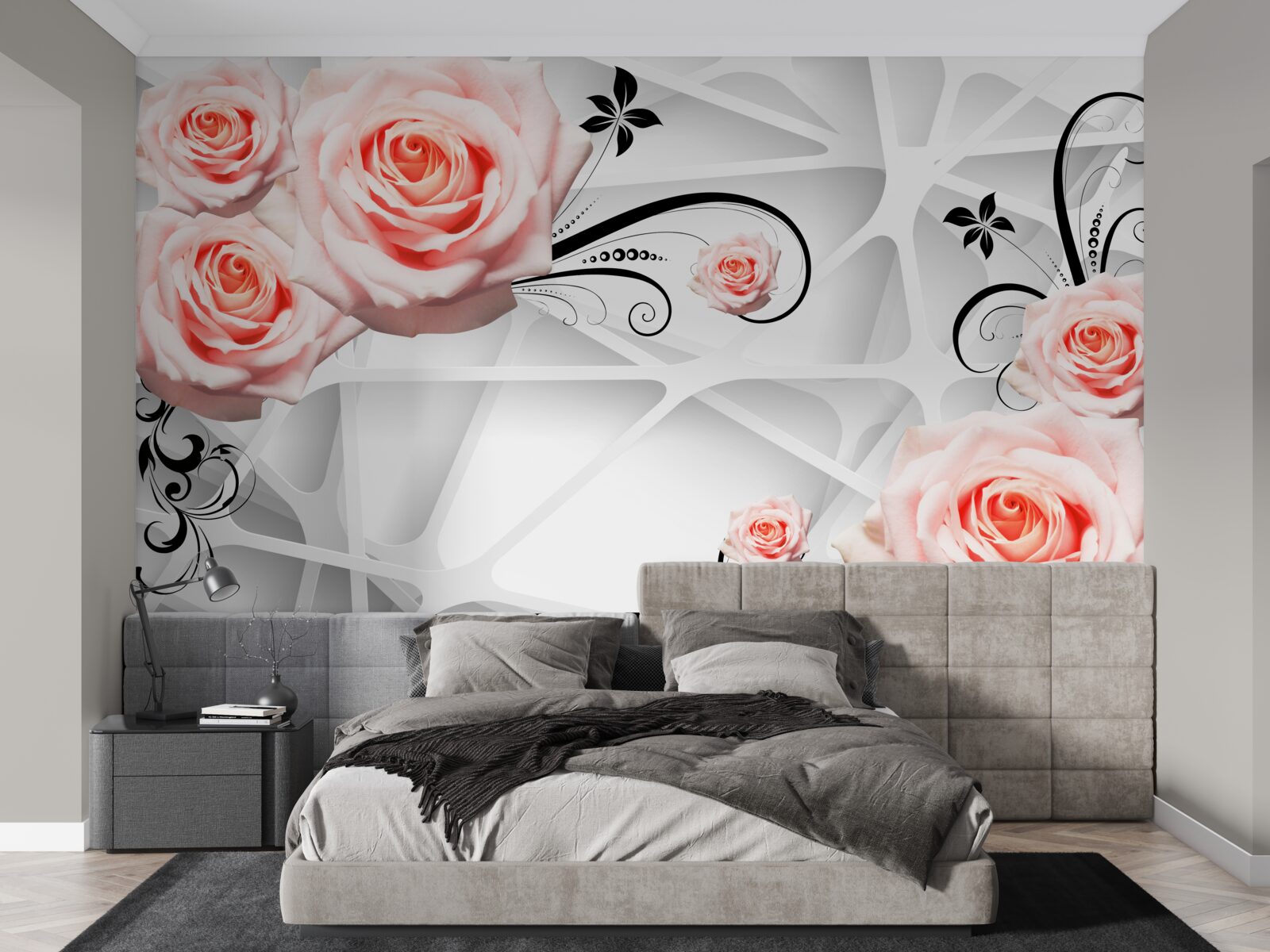 Fototapeta geometryczne tło ozdobione brzoskwiniowymi gałązkami róży