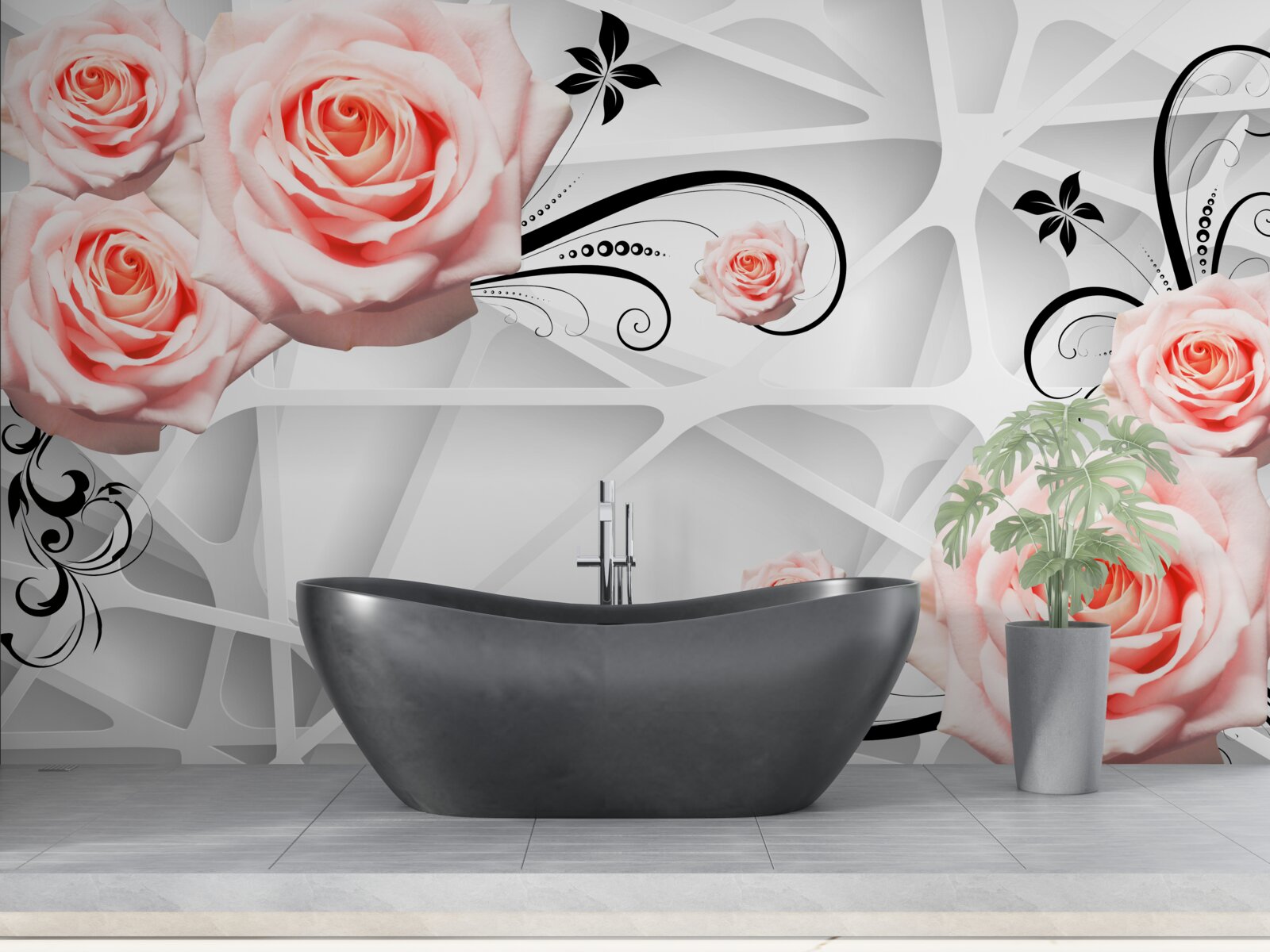 Fototapeta geometryczne tło ozdobione brzoskwiniowymi gałązkami róży