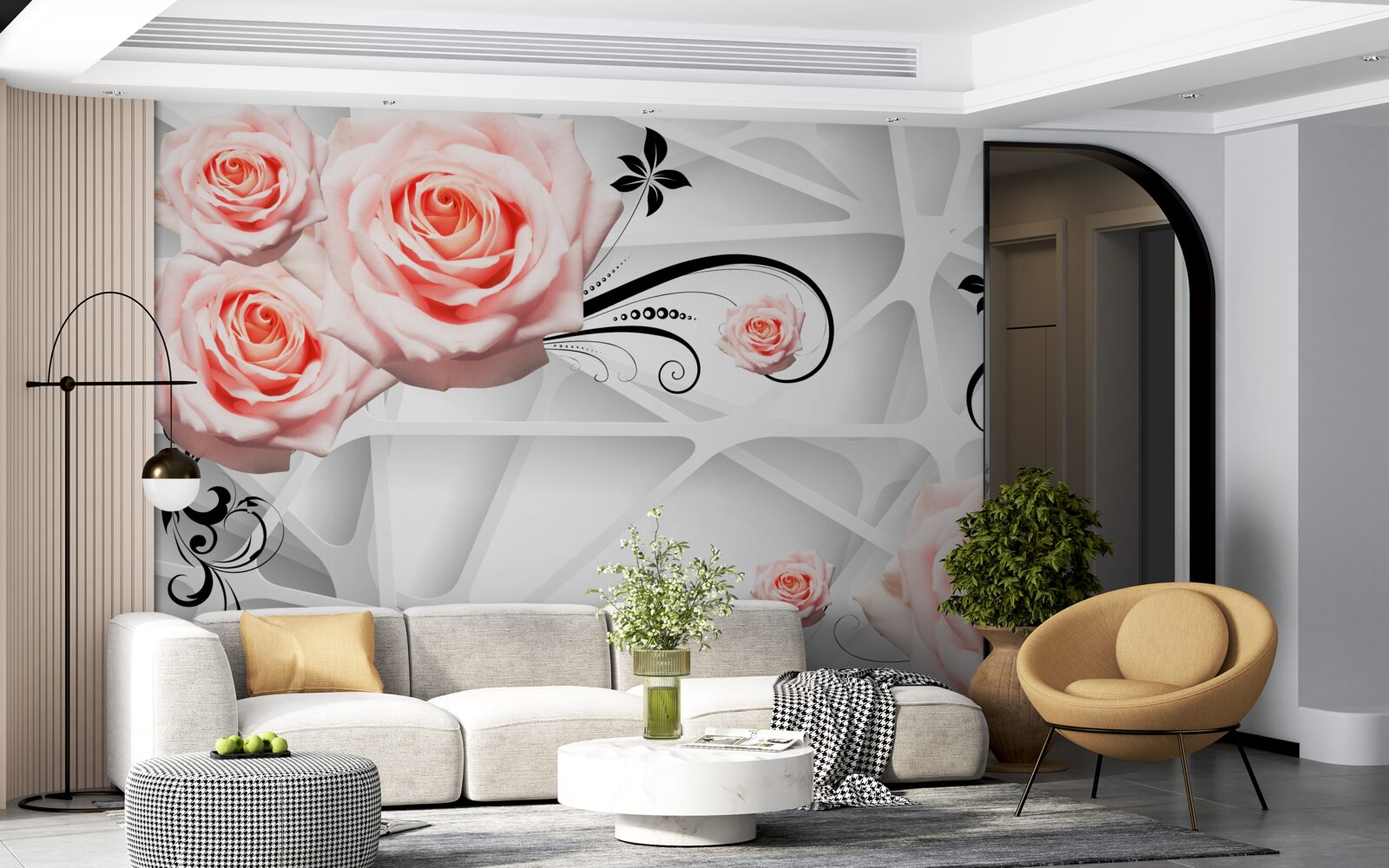 Fototapeta geometryczne tło ozdobione brzoskwiniowymi gałązkami róży