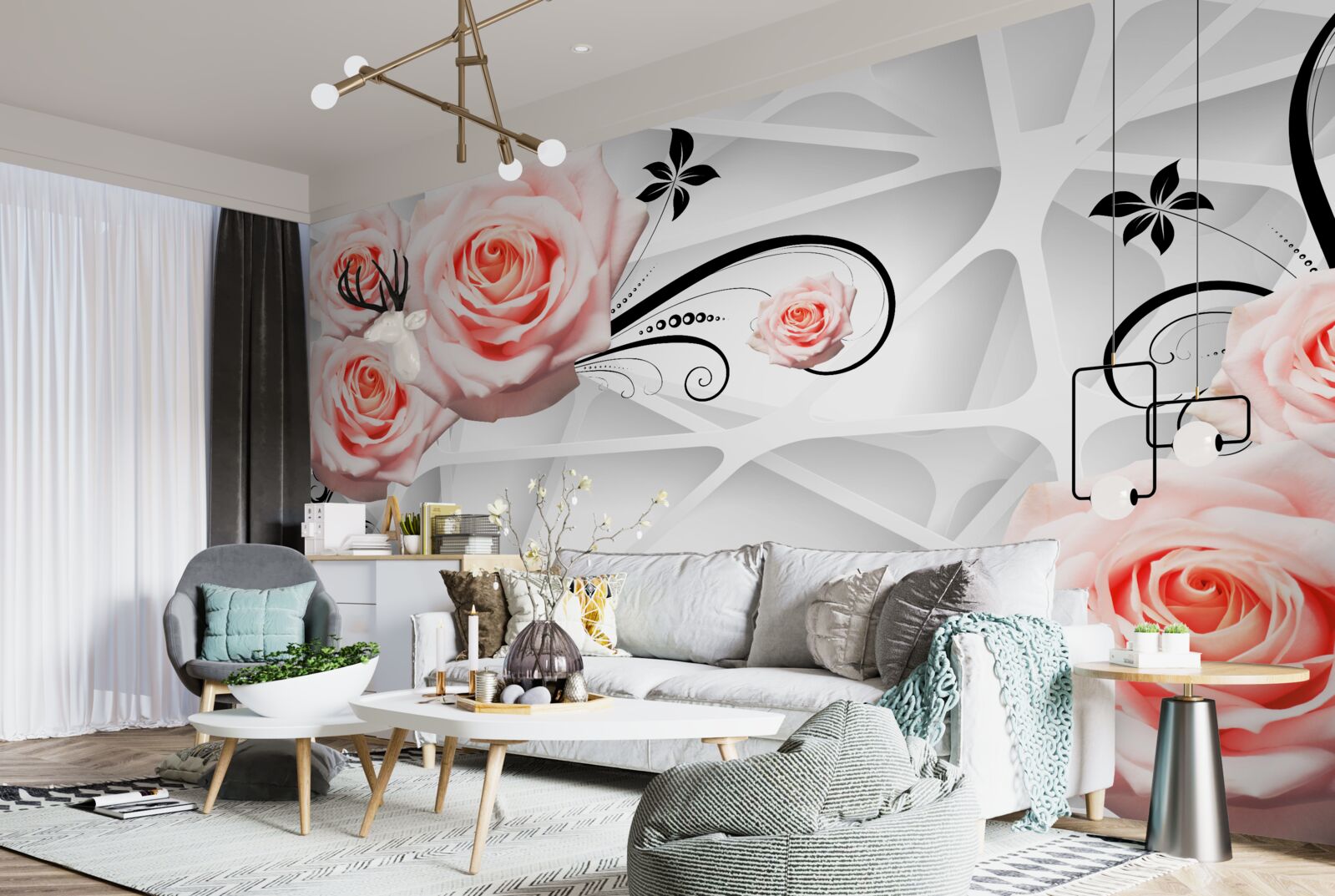 Fototapeta geometryczne tło ozdobione brzoskwiniowymi gałązkami róży