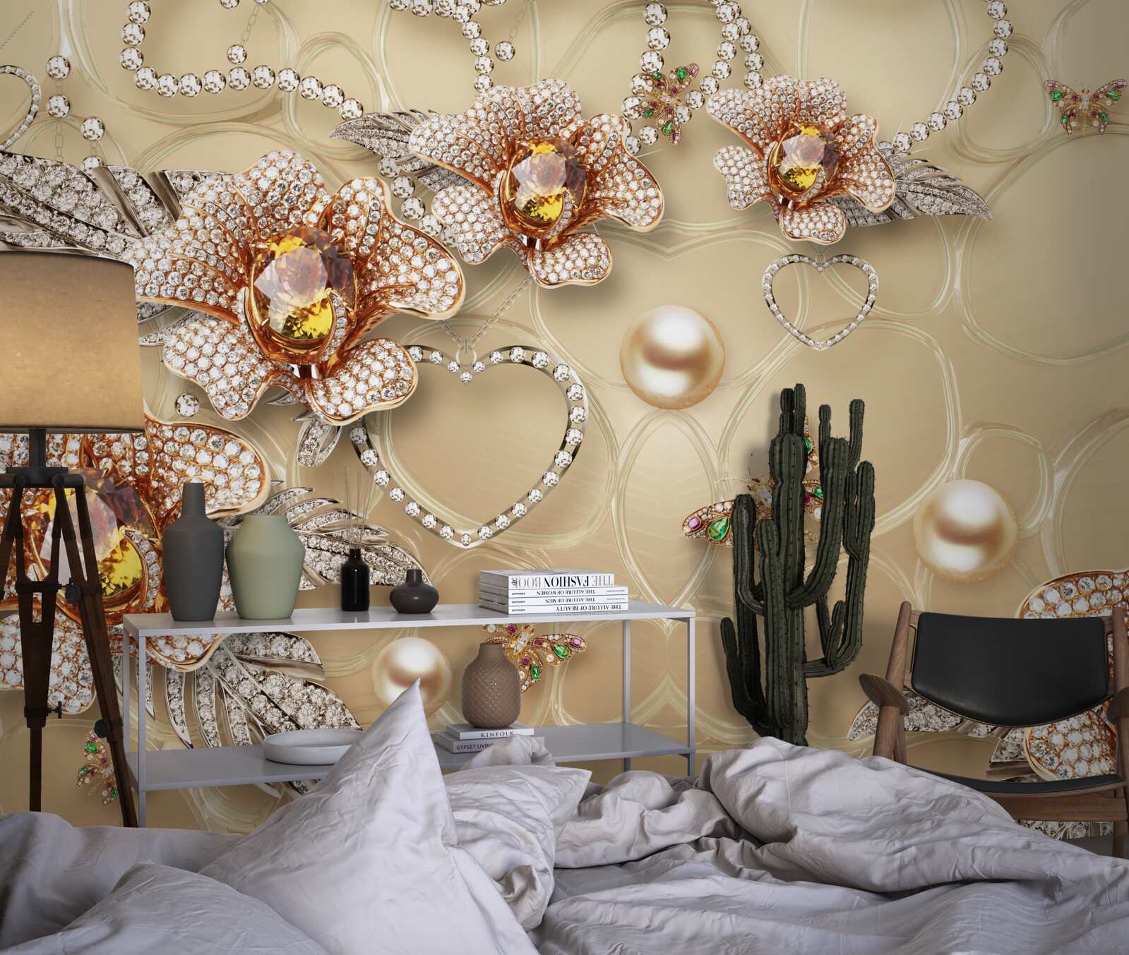 Fototapeta metalowe kwiaty w kolorze białym z perełkami