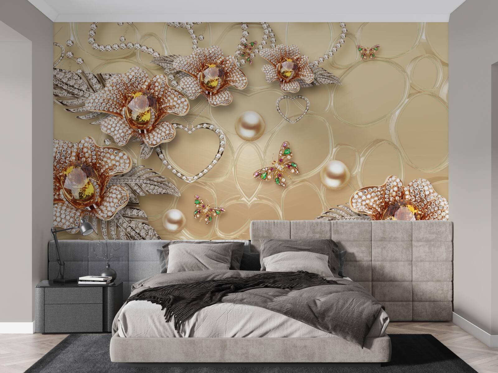 Fototapeta metalowe kwiaty w kolorze białym z perełkami