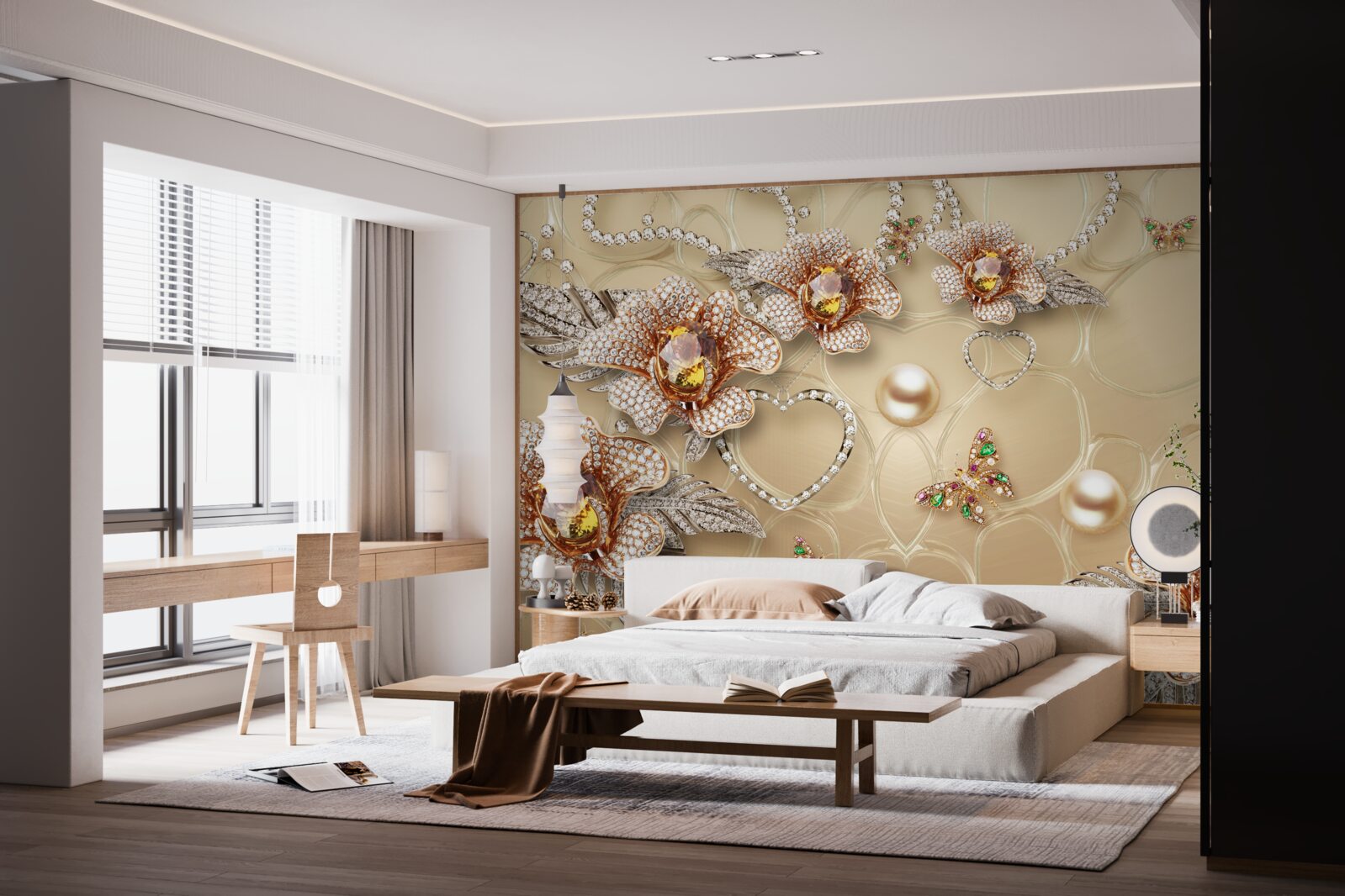 Fototapeta metalowe kwiaty w kolorze białym z perełkami