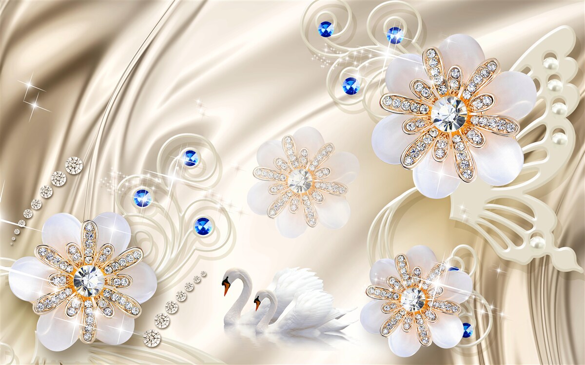 Fototapeta kolorowe klejnoty i łabędzie szybujące po wodzie