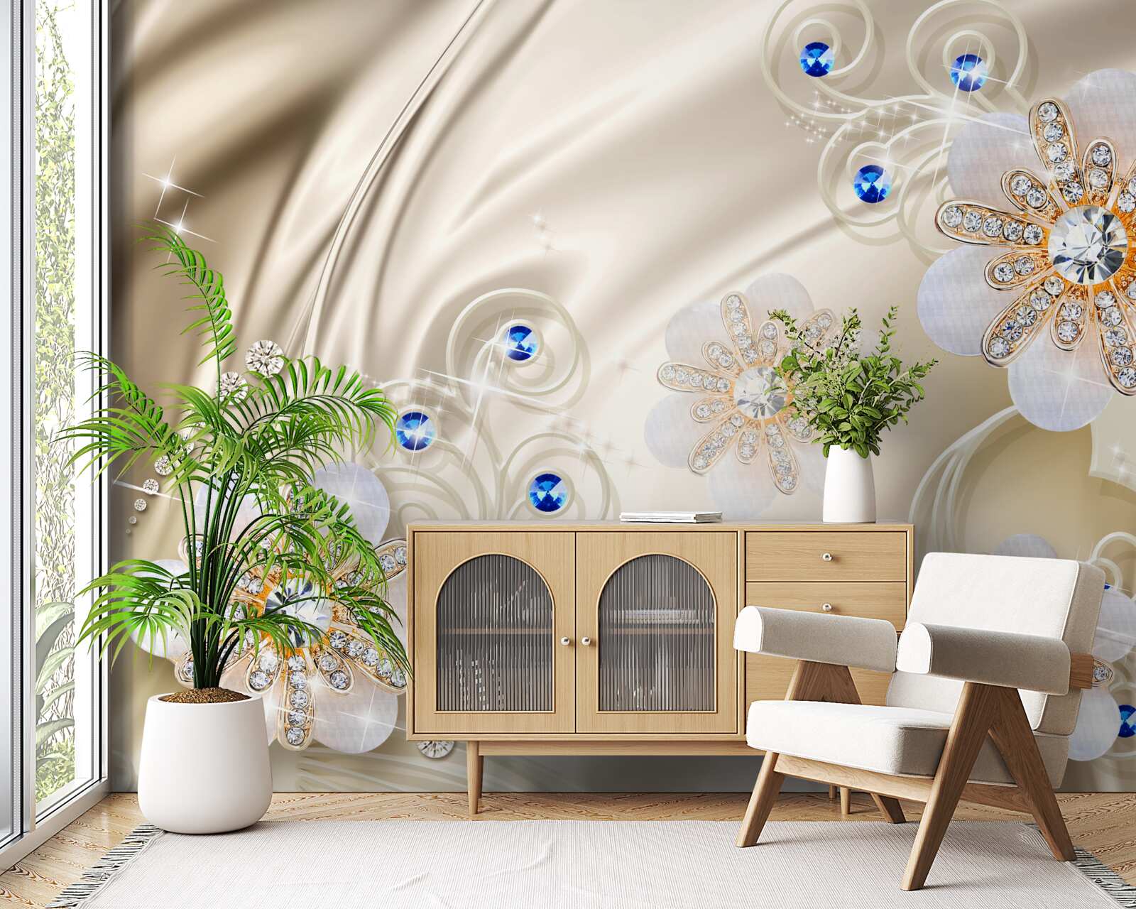 Fototapeta kolorowe klejnoty i łabędzie szybujące po wodzie