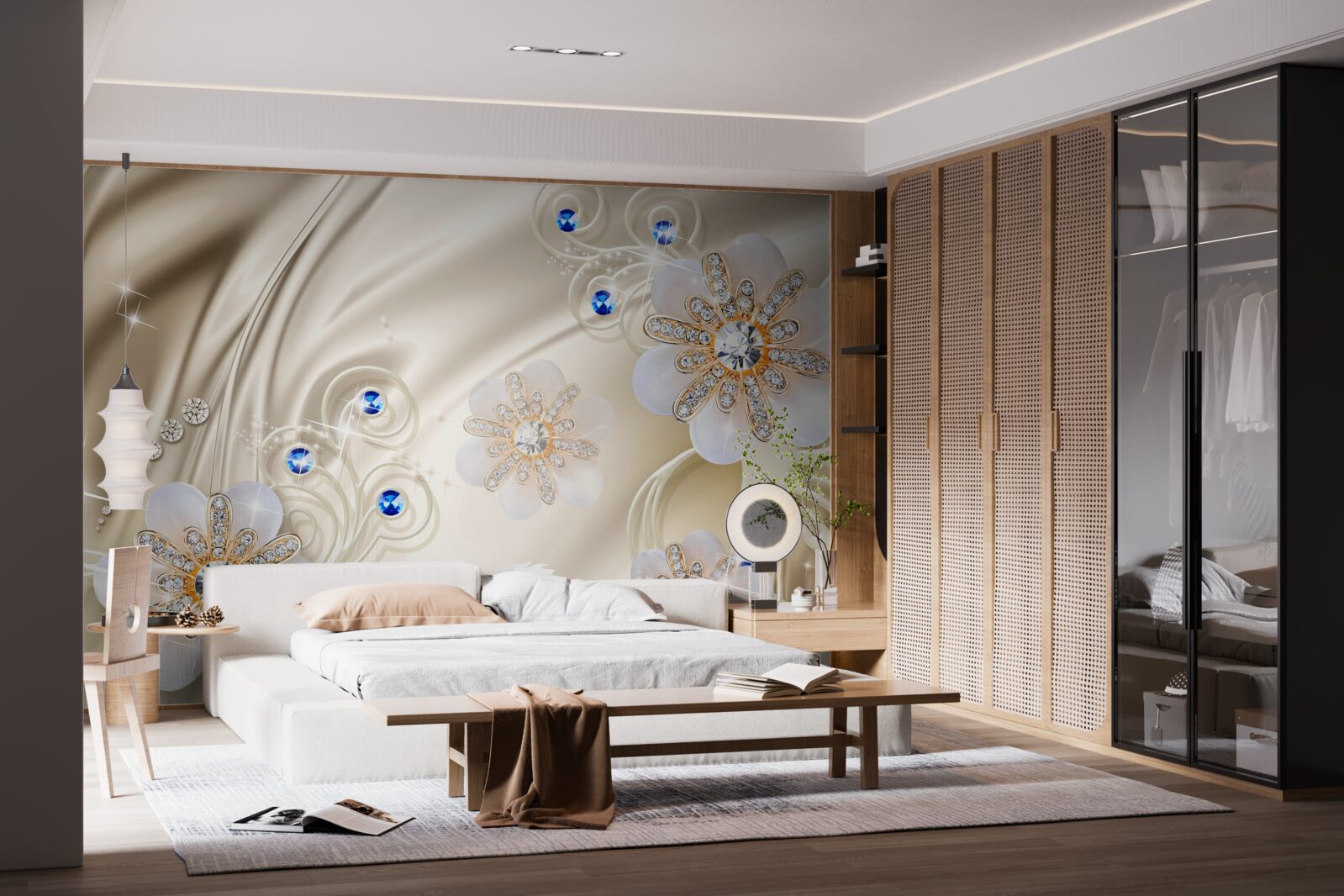 Fototapeta kolorowe klejnoty i łabędzie szybujące po wodzie